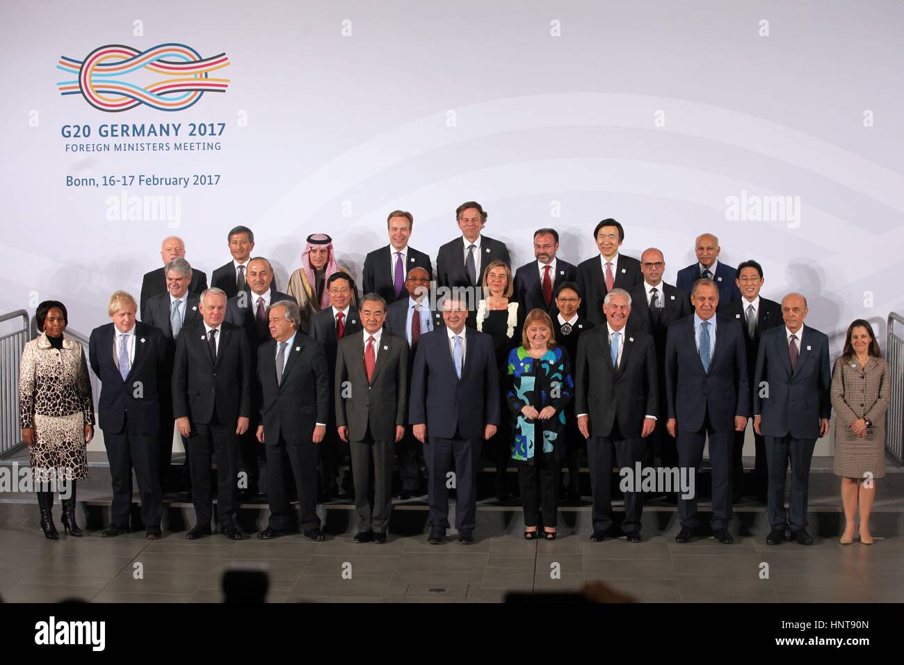 Bonn, Germany. 16th Feb, 2017. U.S. Secretary of State Rex Tillerson joins his counterparts for a family photo at the G-20 Foreign Ministers meeting February 16, 2017 in Bonn, Germany. The trip to Bonn is the first for Tillerson as Secretary of State.Credit: Planetpix/Alamy Live News Stock Photo