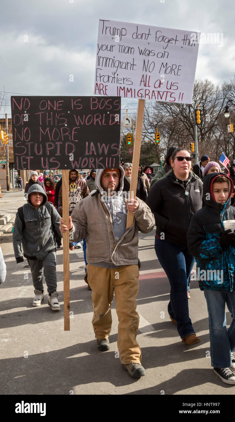 Detroit, Michigan, USA. 16th Feb, 2017. Hundreds of Mexican-Americans joined a rally and march on the "Day Without Immigrants." Businesses closed and immigrants did not go to work to highlight the role of immigrants in the community. Credit: Jim West/Alamy Live News Stock Photo