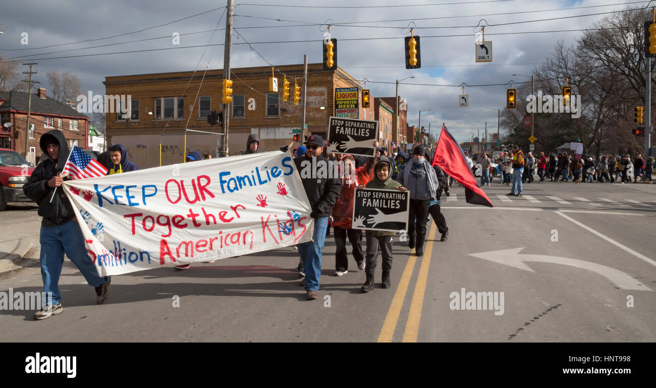Detroit, Michigan, USA. 16th Feb, 2017. Hundreds of Mexican-Americans joined a rally and march on the "Day Without Immigrants." Businesses closed and immigrants did not go to work to highlight the role of immigrants in the community. Credit: Jim West/Alamy Live News Stock Photo