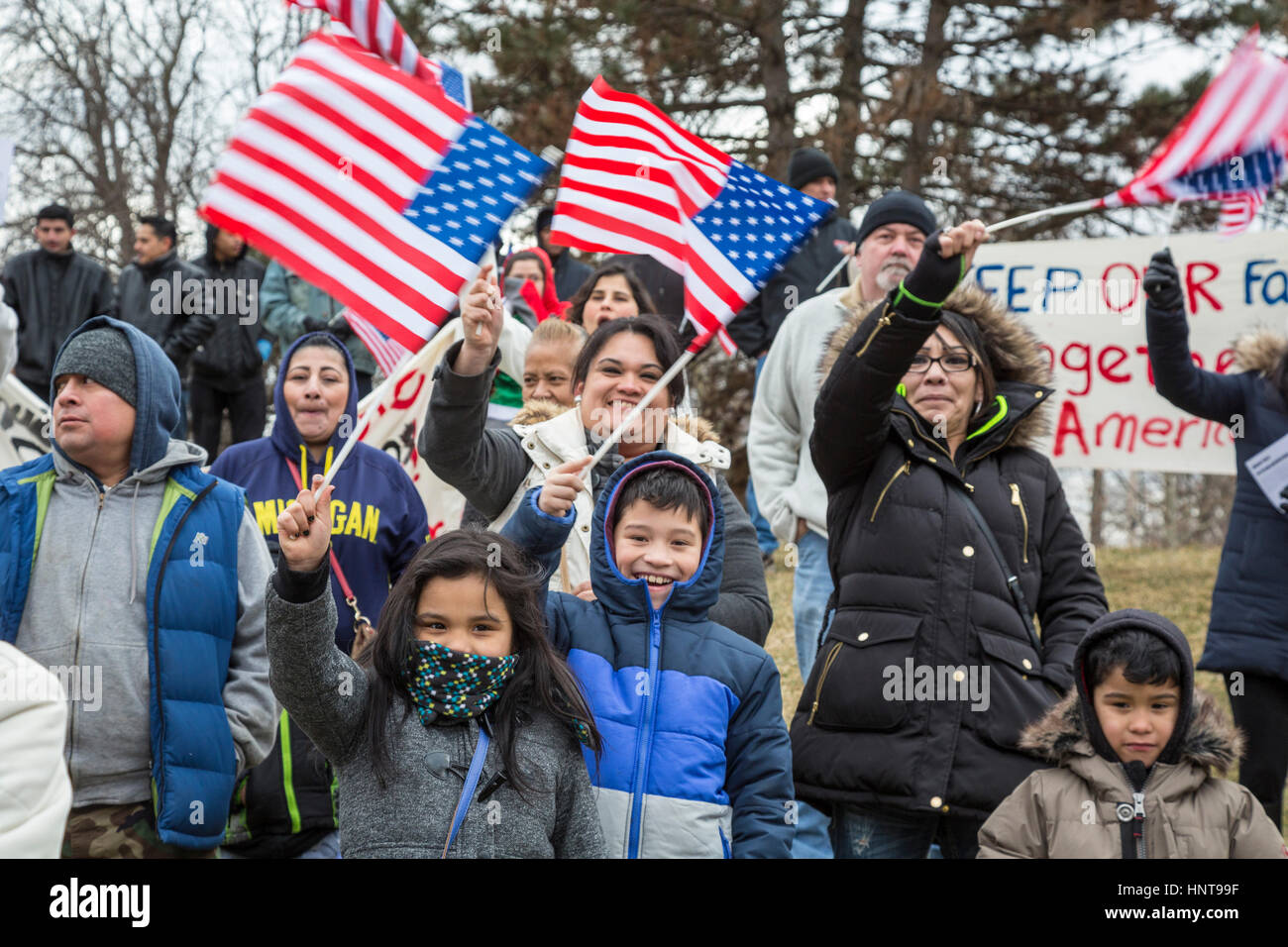 Detroit, Michigan, USA. 16th Feb, 2017. Hundreds of Mexican-Americans joined a rally and march on the 'Day Without Immigrants.' Businesses closed and immigrants did not go to work to highlight the role of immigrants in the community. Credit: Jim West/Alamy Live News Stock Photo