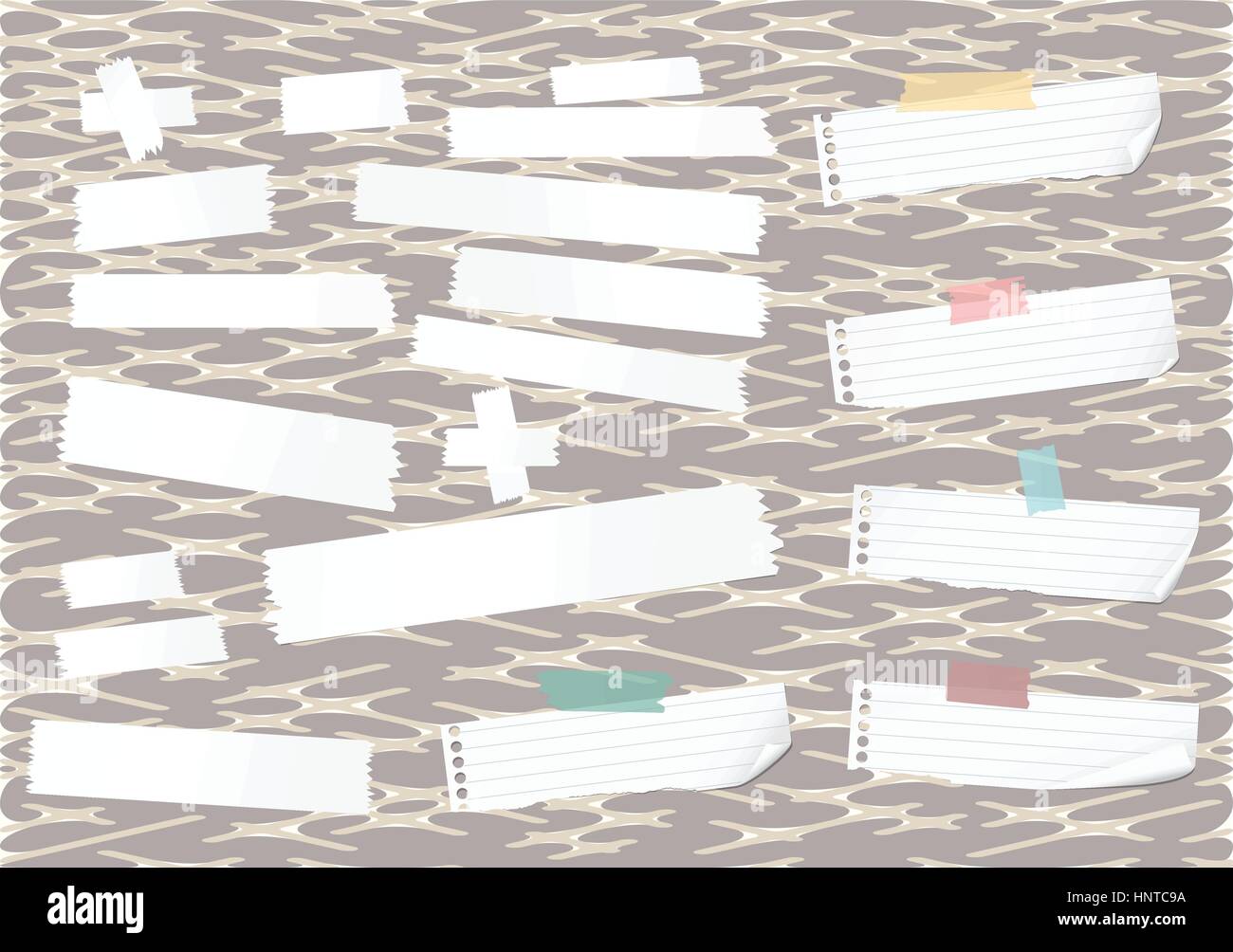 Sticky, adhesive masking tape, ripped note paper strips stuck on