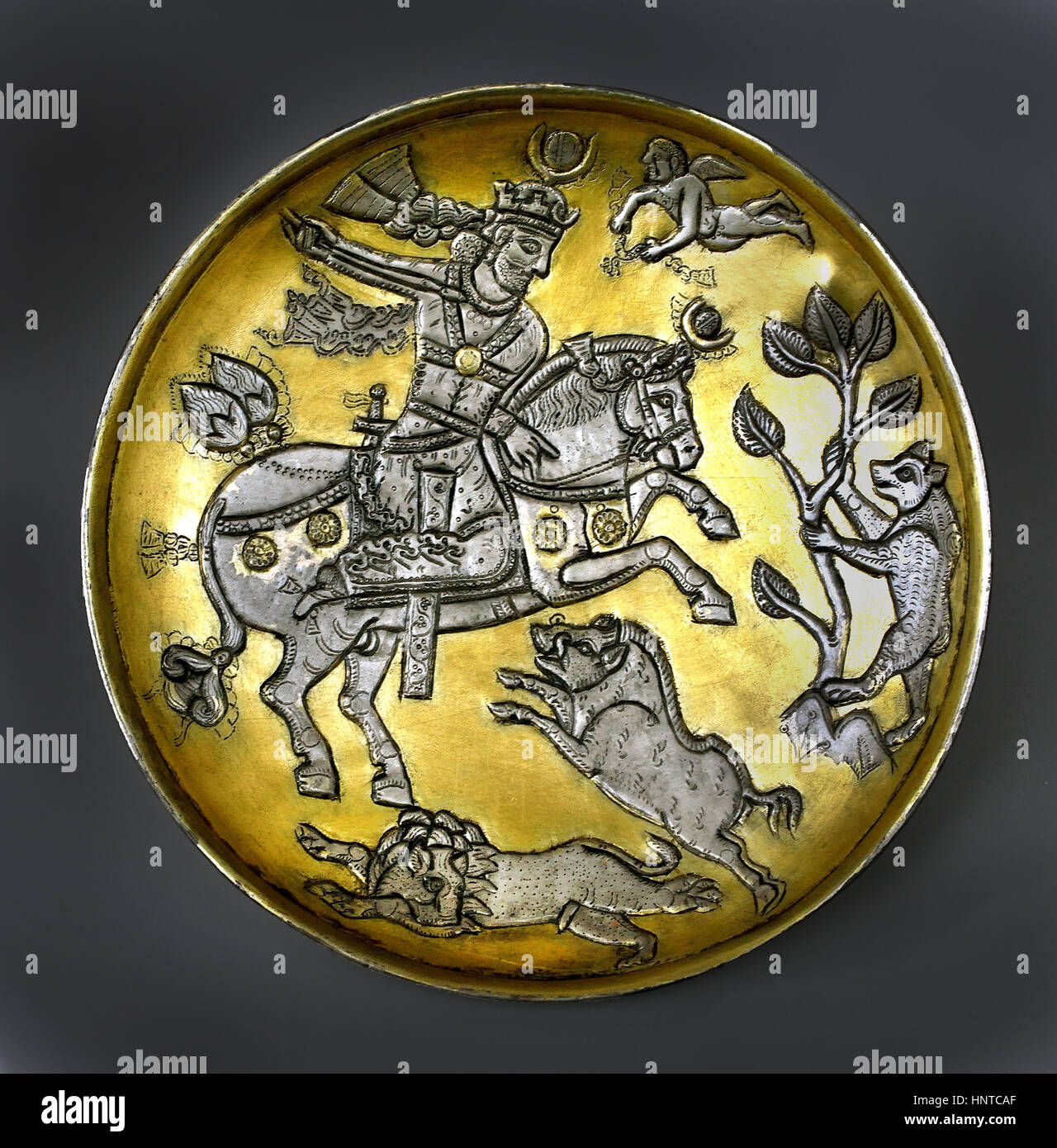 Hunting bowl with a Sassanid kingship 7th Century Iranian, Silver, Gold, Neo Persian Empire Iran Persia Stock Photo