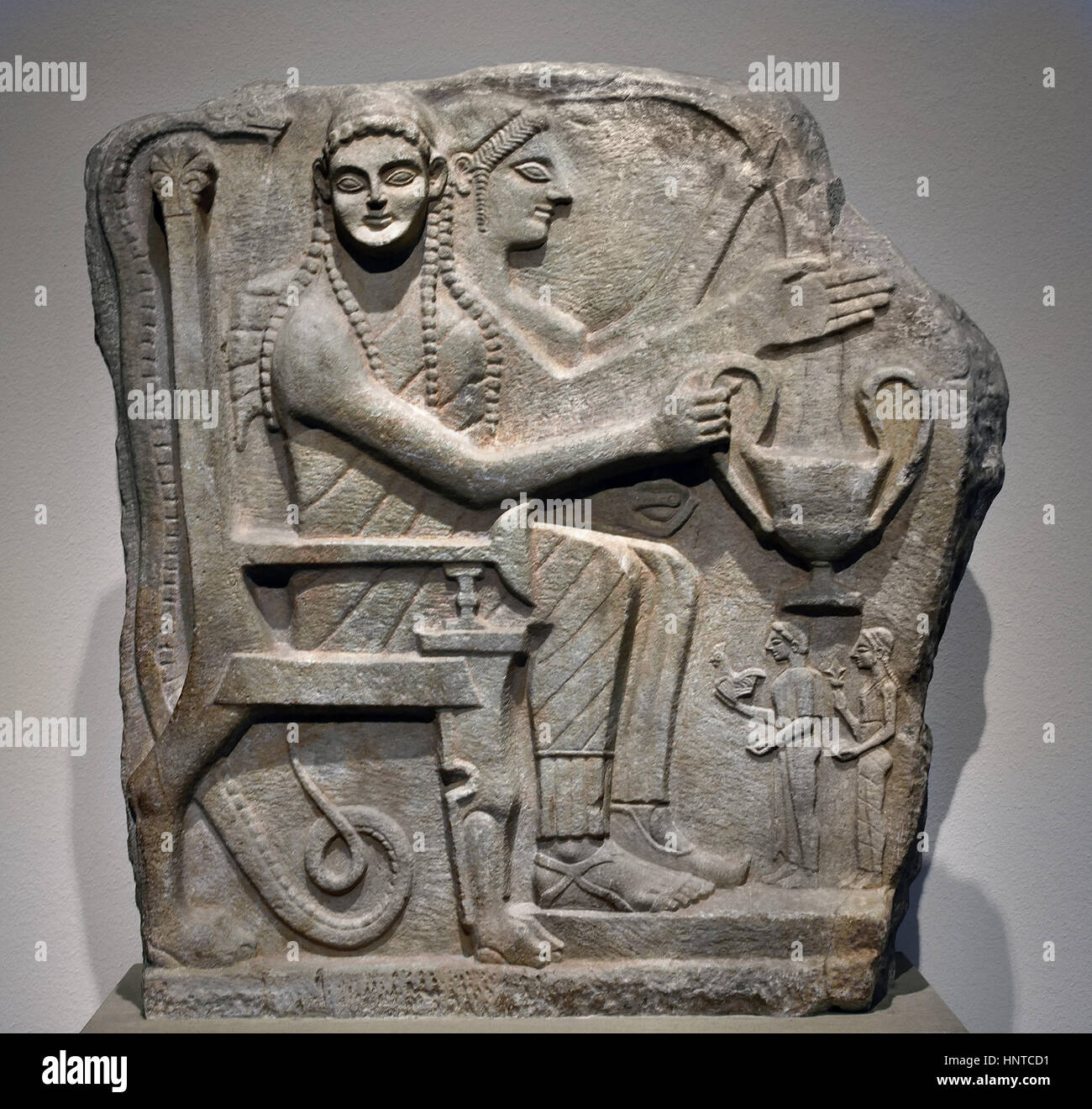 Relief with Heroes and Worshippers 540 BC  Chrysapha, near Sparta, Pikromygdalia, Greek,Greece. Stock Photo
