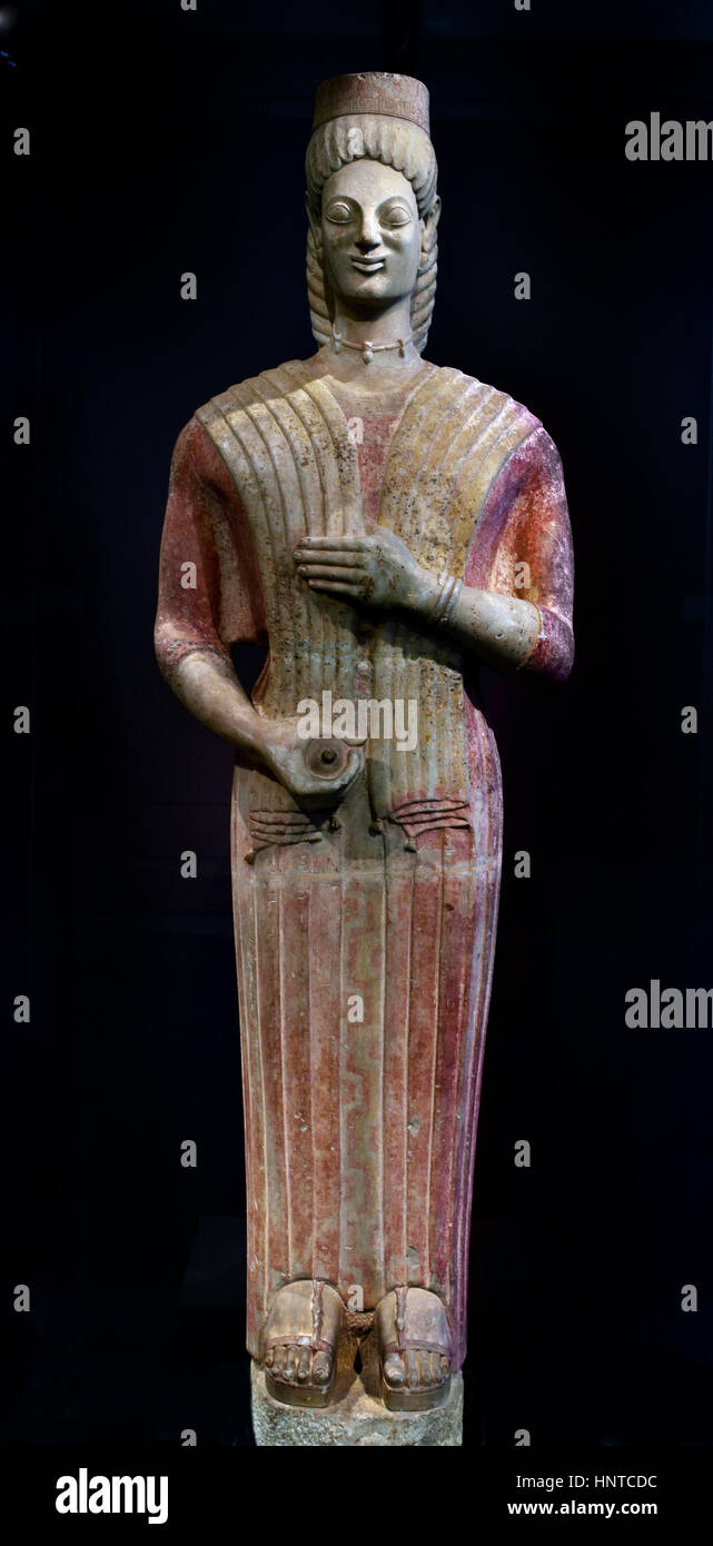 Berlin Goddess. 570-560 B.C. Kore from the cemetery of Keratea (South of Attica) h. 1.93m. Pergamon Museum ( painted marble )   Greek,Greece. Stock Photo
