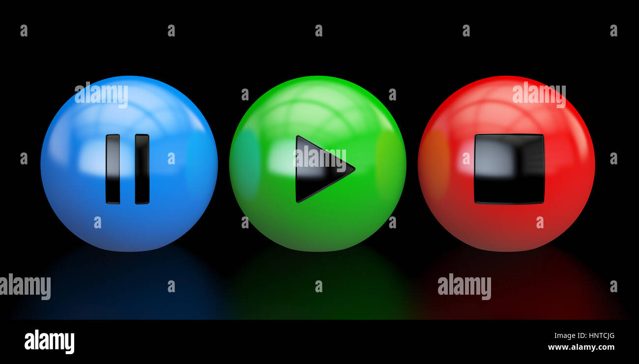 media player buttons, 3D rendering isolated on black background Stock Photo