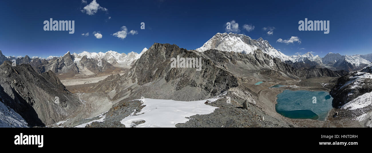 panorama above Kongma La Pass with views down to Lobuche on the left and Makalu on the right Stock Photo