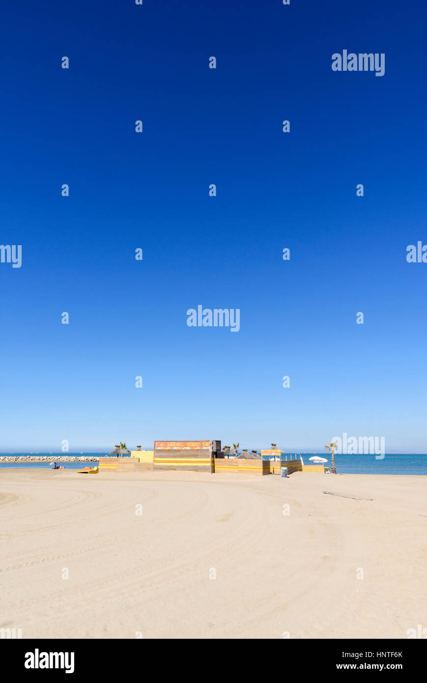 Beach Cafe on Plage Rive Gauche, Le Grau-du-Roi, Gard, France Stock Photo