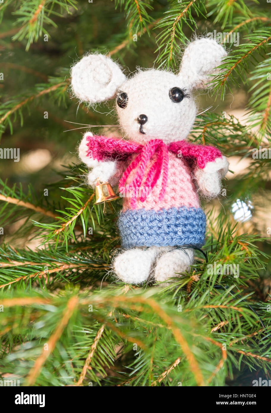 Hand knitted mouse Christmas decoration Stock Photo