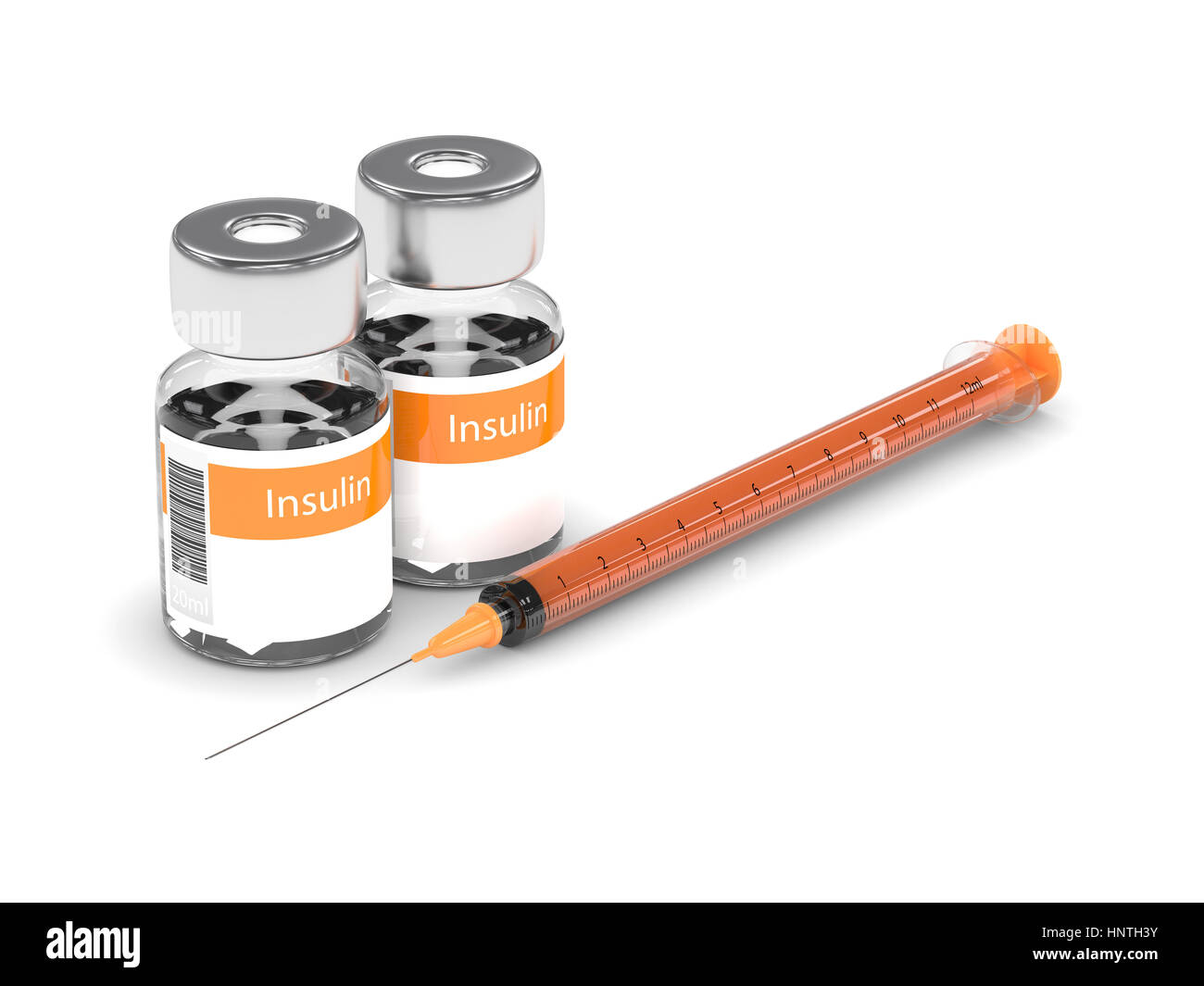 3d rendering of insulin vials and syringe isolated over white