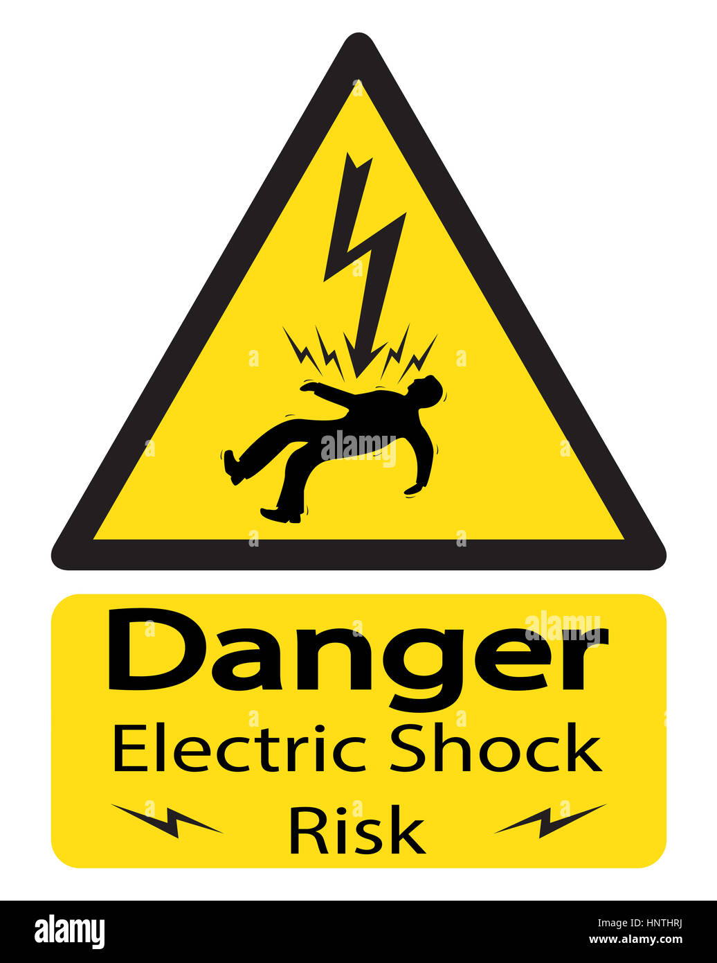 A triangular yellow shock warning sign with an electrocuted man and