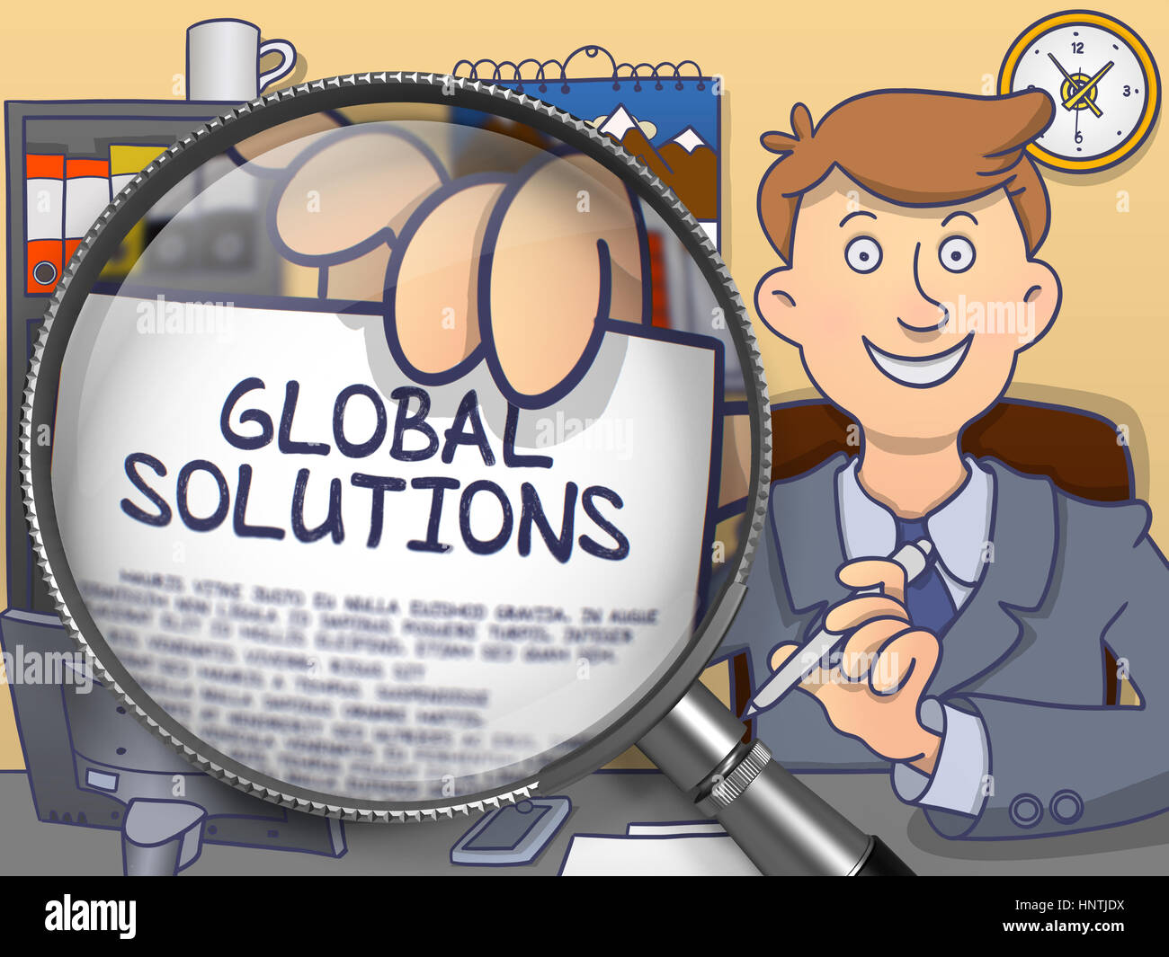 Global Solutions through Magnifier. Doodle Concept Stock Photo Alamy