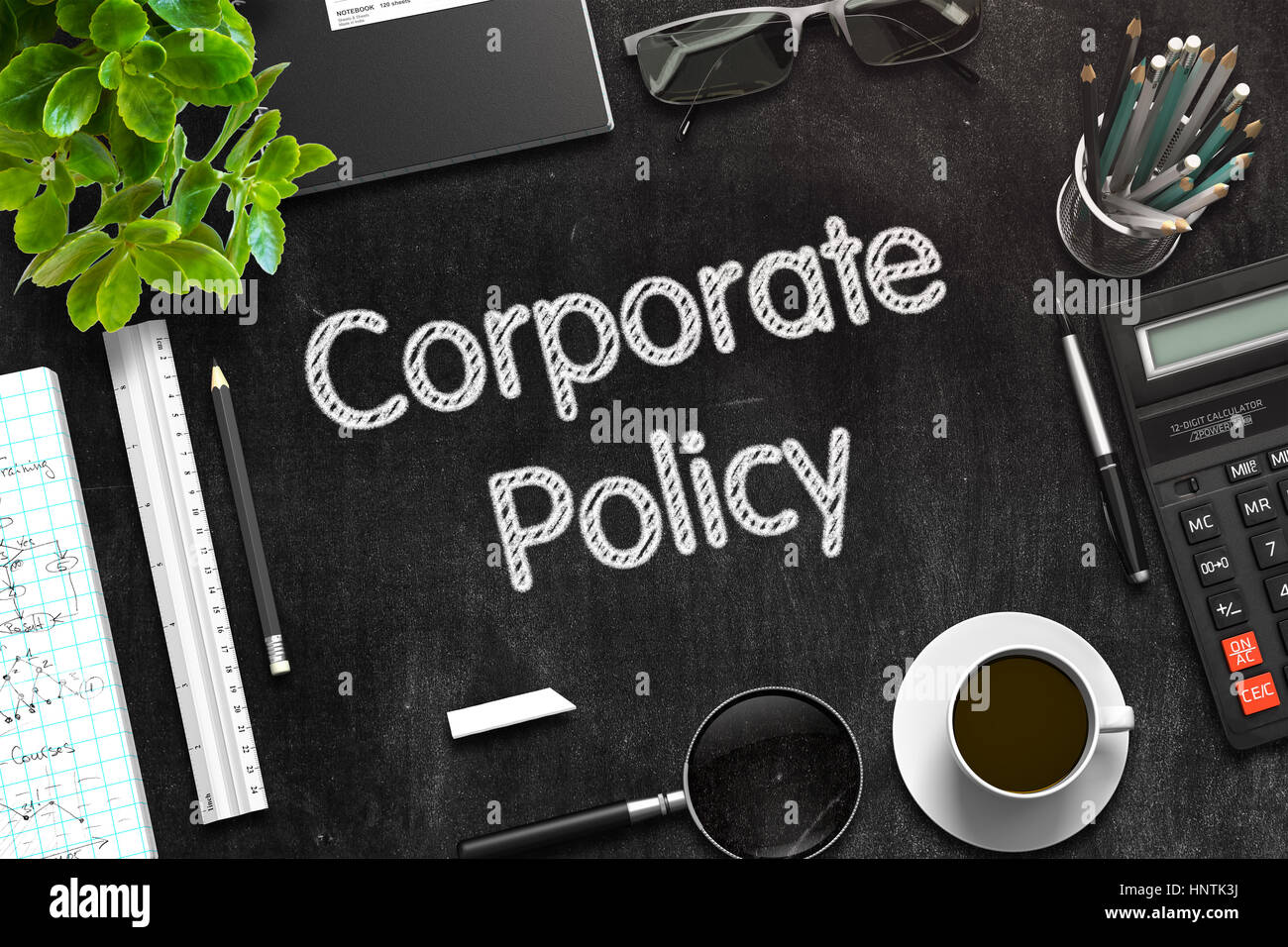 Corporate Policy on Black Chalkboard. 3D Rendering. Stock Photo
