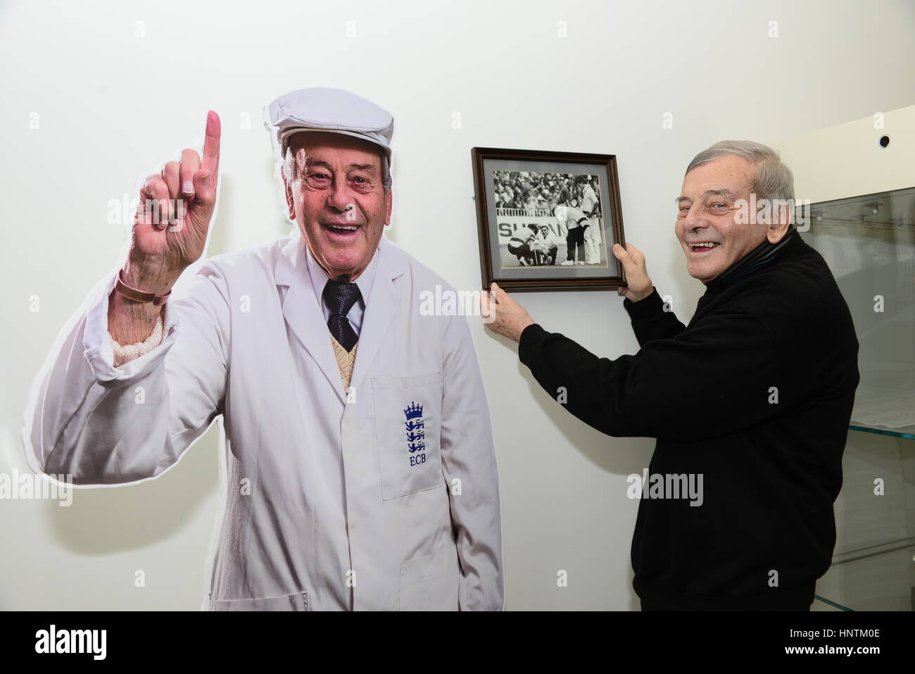 World famous cricket umpire Harold 'Dickie' Bird is shown at his exhibition 'My Life in Cricket' at Experience Barnsley Museum, South Yorkshire, UK. Stock Photo