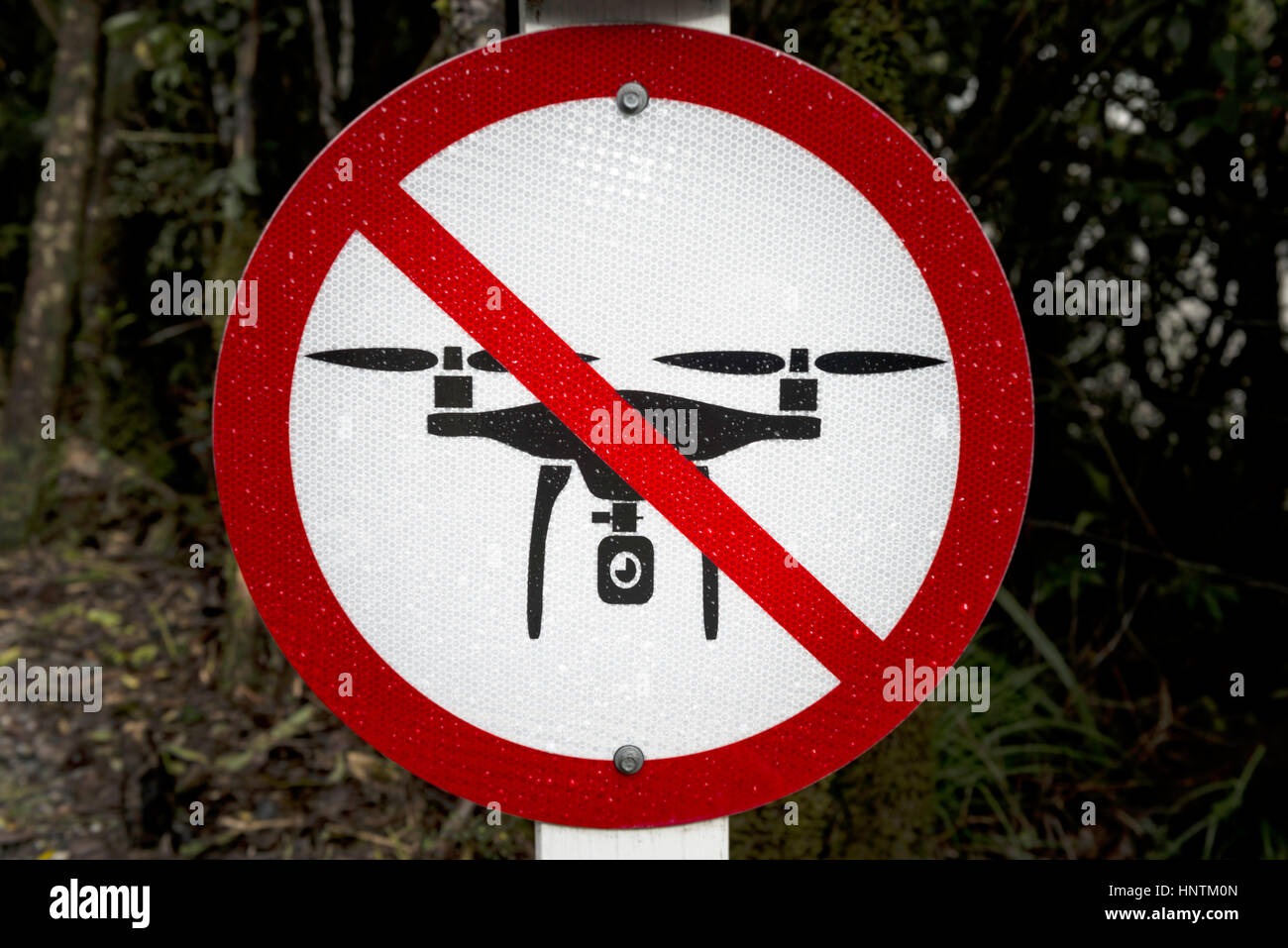 Sign, drones prohibited, prohibition of unmanned aerial vehicles, quadrocopters, New Zealand Stock Photo