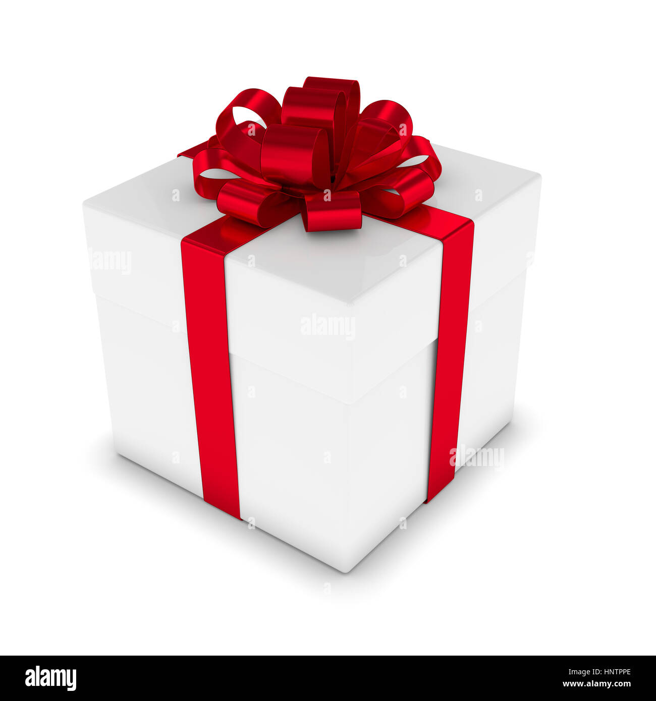 3d rendering of white gift box with red ribbon isolated over white ...