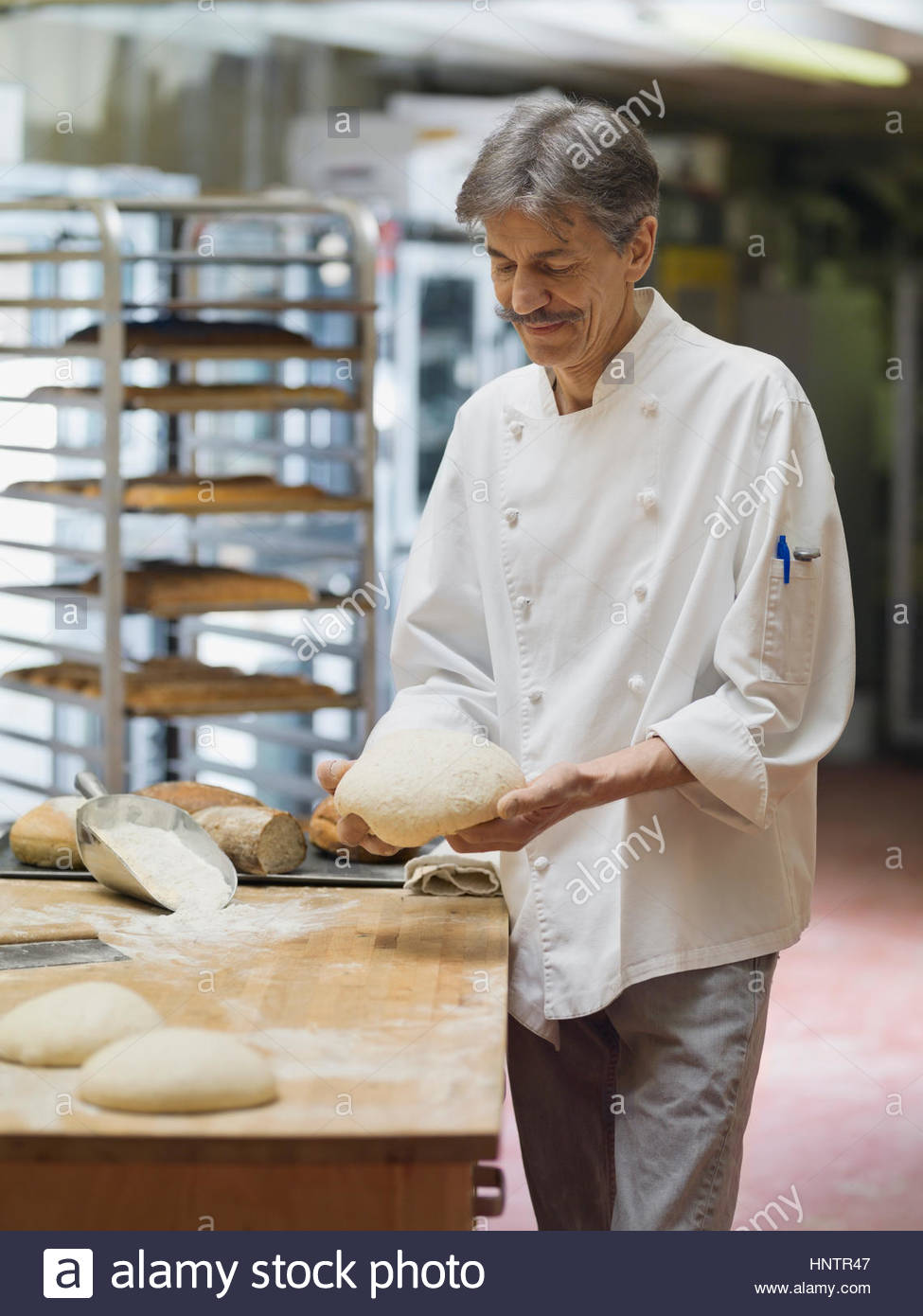 Baker kneading dough in bakery Stock Photo Alamy