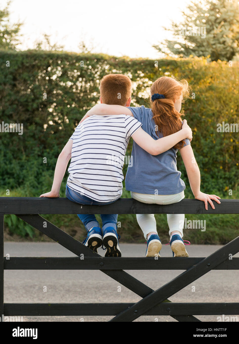 A boy and girl sit on a farm gate in the countryside Stock Photo - Alamy