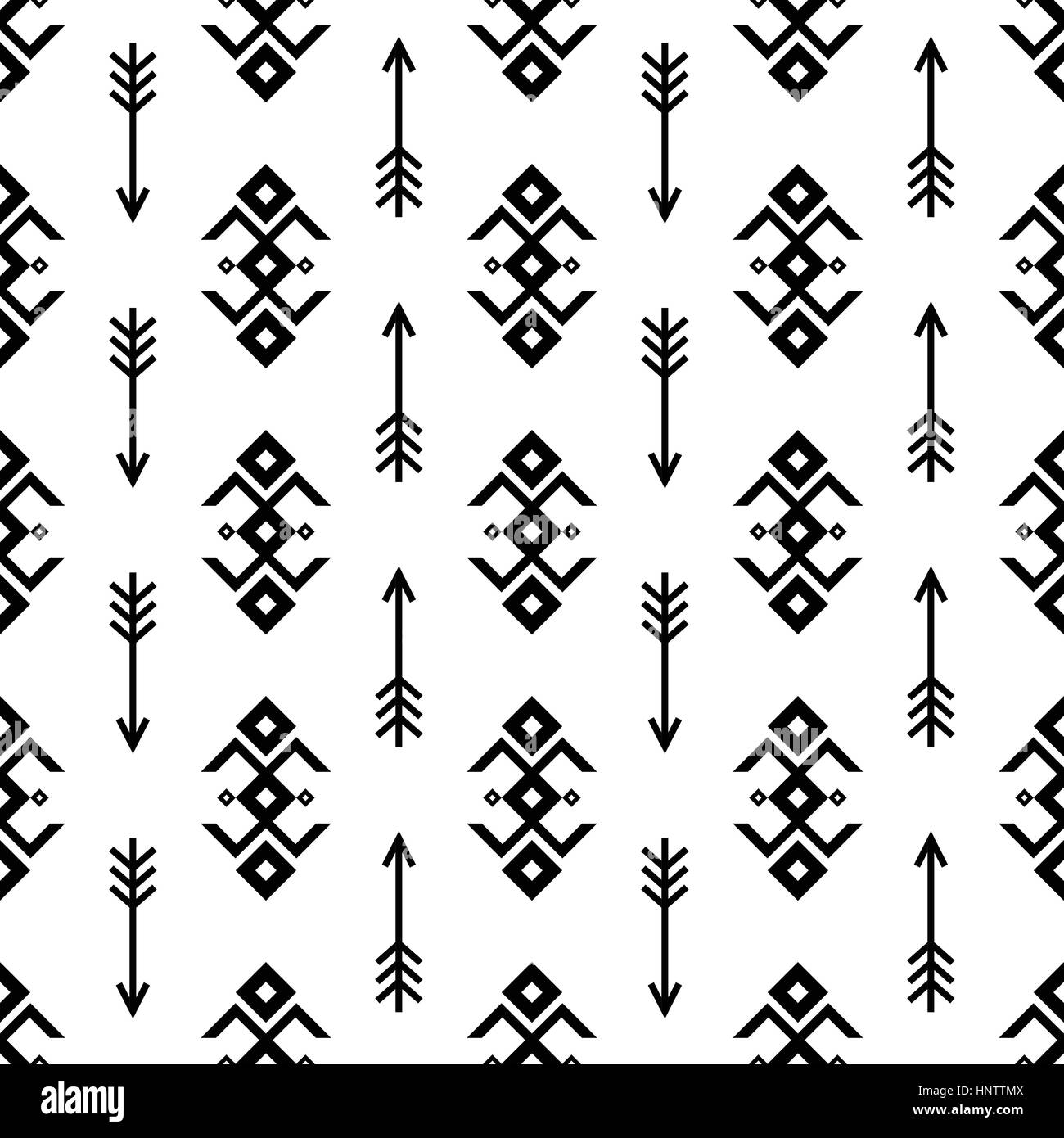 Seamless Indian pattern vector arrows and USA Native American type geometric ornaments black and white background design retro vintage bohemian boho s Stock Vector