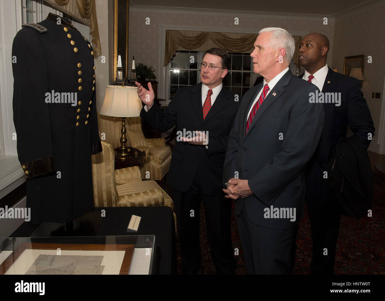 U.S. Vice President Mike Pence and Senator Tim Scott, right, during a visit to the U.S. Military Academy to attend the Flipper Dinner February 9, 2017 in West Point, New York.  The annual dinner is held to commemorate the life of Henry O. Flipper, the first African-American graduate of West Point.   (John Pellino/DOD Photo via Planetpix) Stock Photo