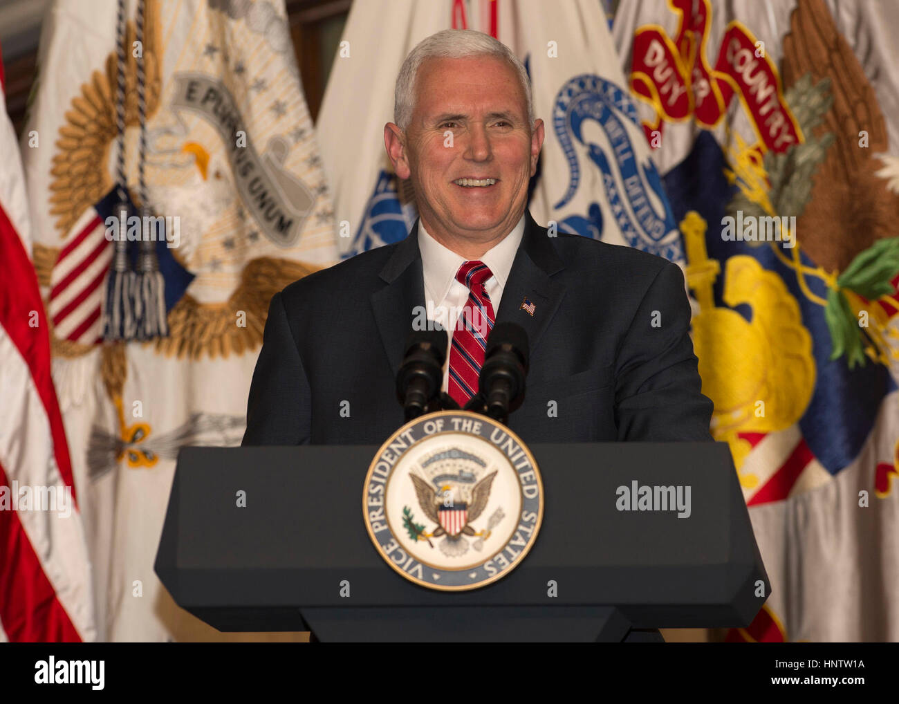 U.S. Vice President Mike Pence addresses the Corps of Cadets during the Flipper Dinner at the U.S. Military Academy February 9, 2017 in West Point, New York.  The annual dinner is held to commemorate the life of Henry O. Flipper, the first African-American graduate of West Point. (John Pellino/DOD Photo via Planetpix) Stock Photo