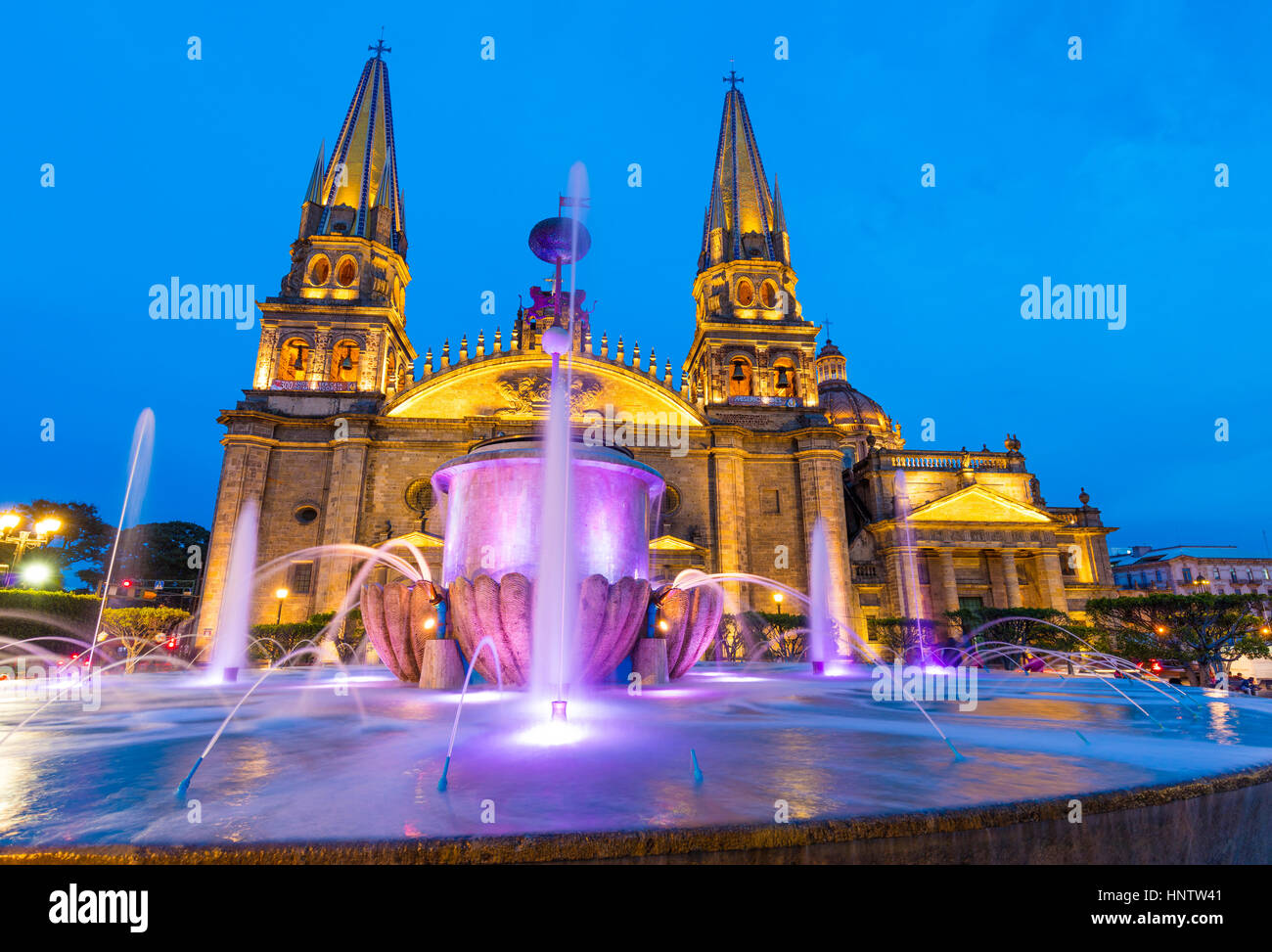 Stock Photo - Municipal Cathedral of Guadalajara, Mexico, night shot, illuminated, blue sky Stock Photo