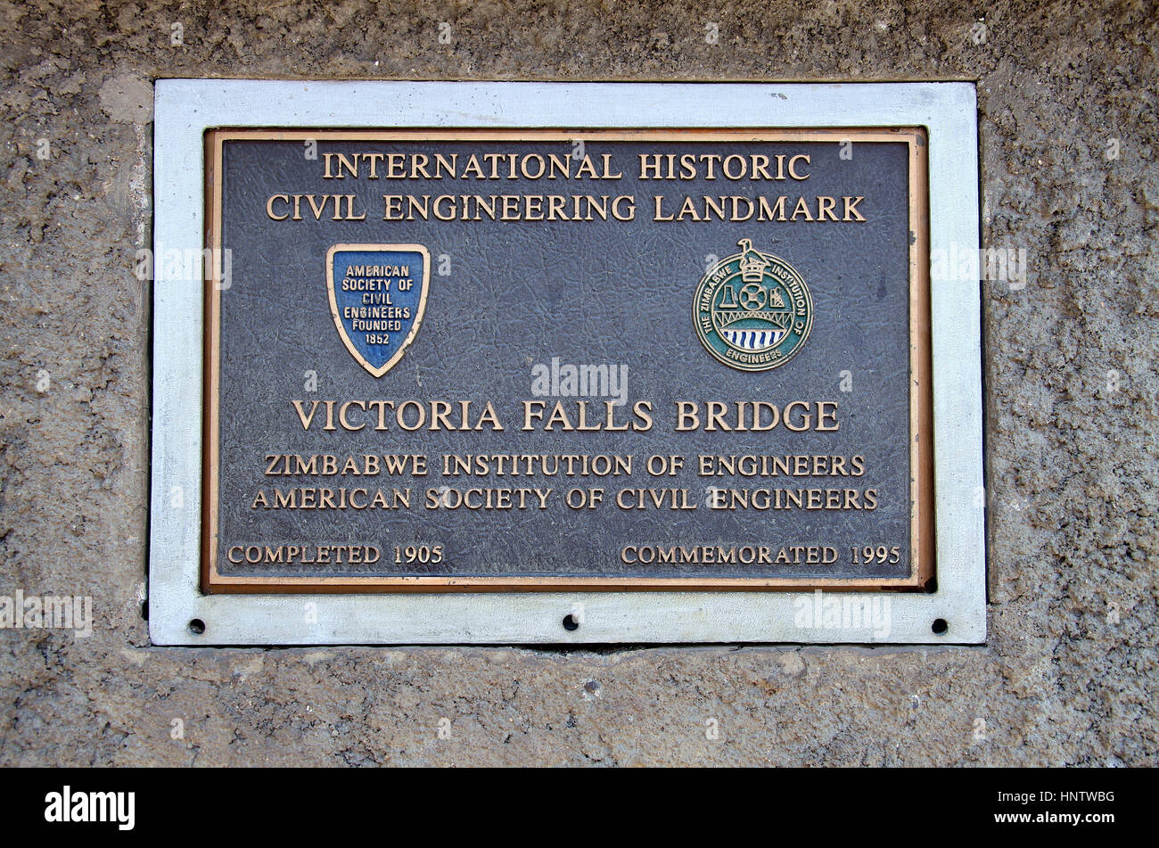 Plaque on Victoria Falls Bridge in Zimbabwe Stock Photo