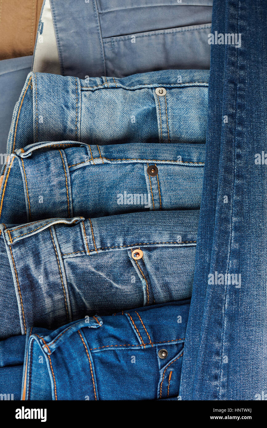 Blue jeans texture display lay on shop close up Stock Photo