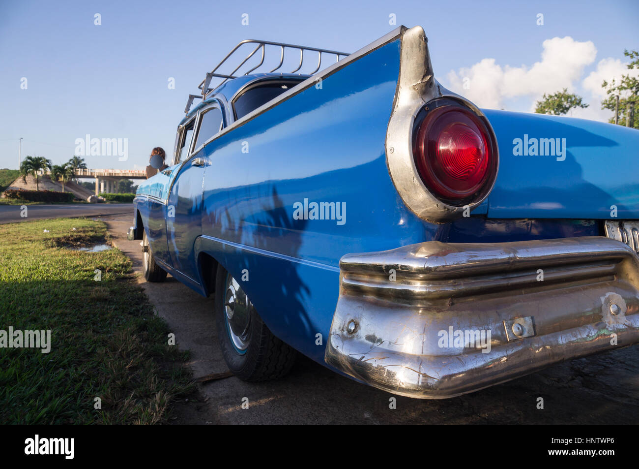 Blue oldtimer taxi in Cuba Stock Photo