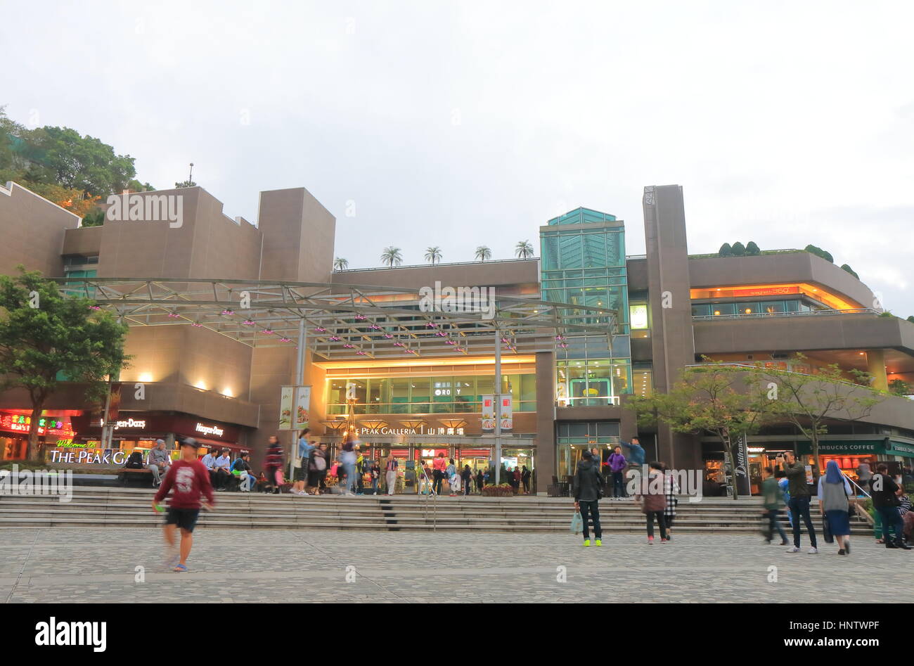 People visit The Peak Galleria in Hong Kong. The Peak Galleria is a leisure and shopping complex located at the summit of Victoria Peak. Stock Photo