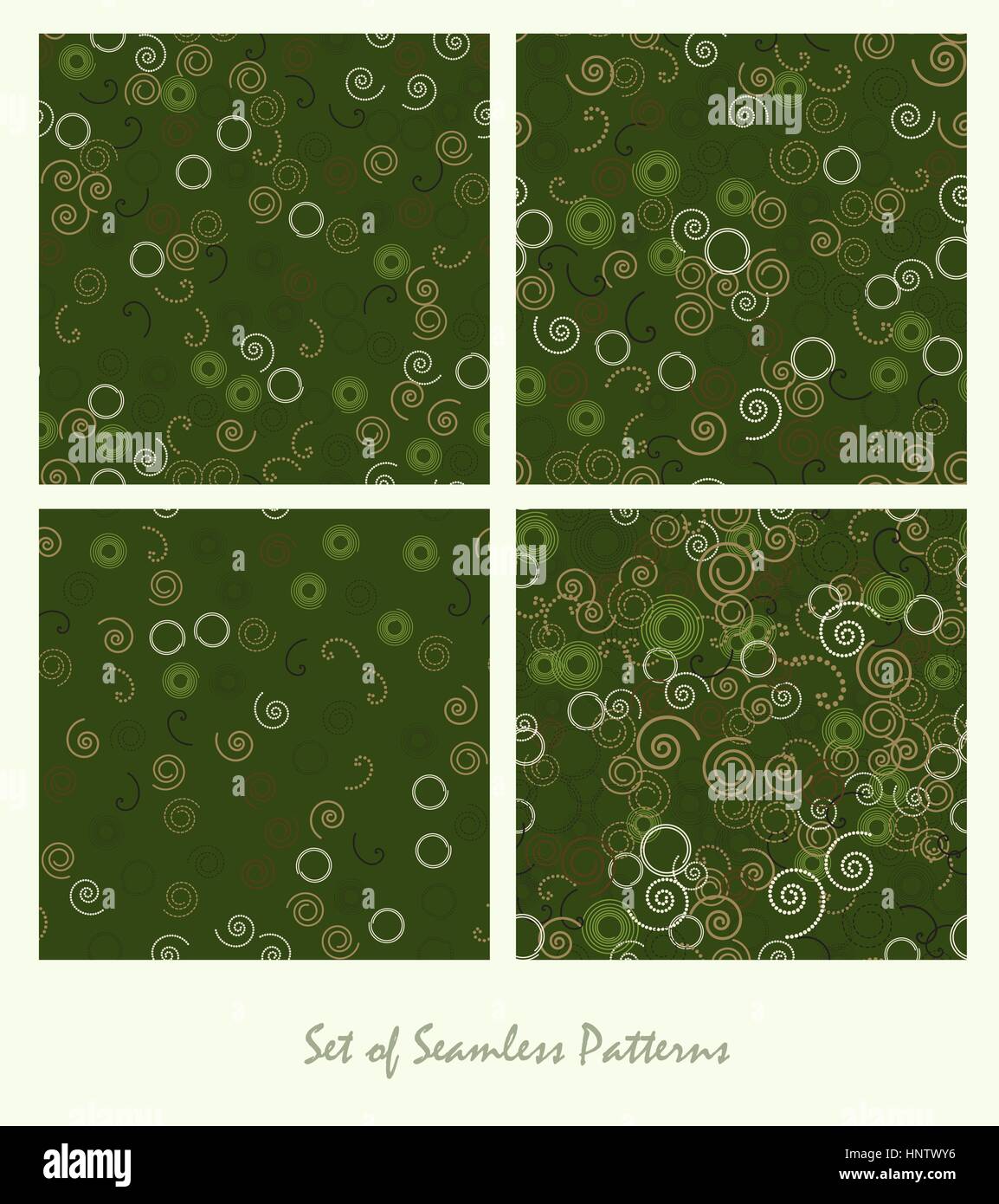 Set of seamless patterns. Spirals and circles color green design. Dark ...