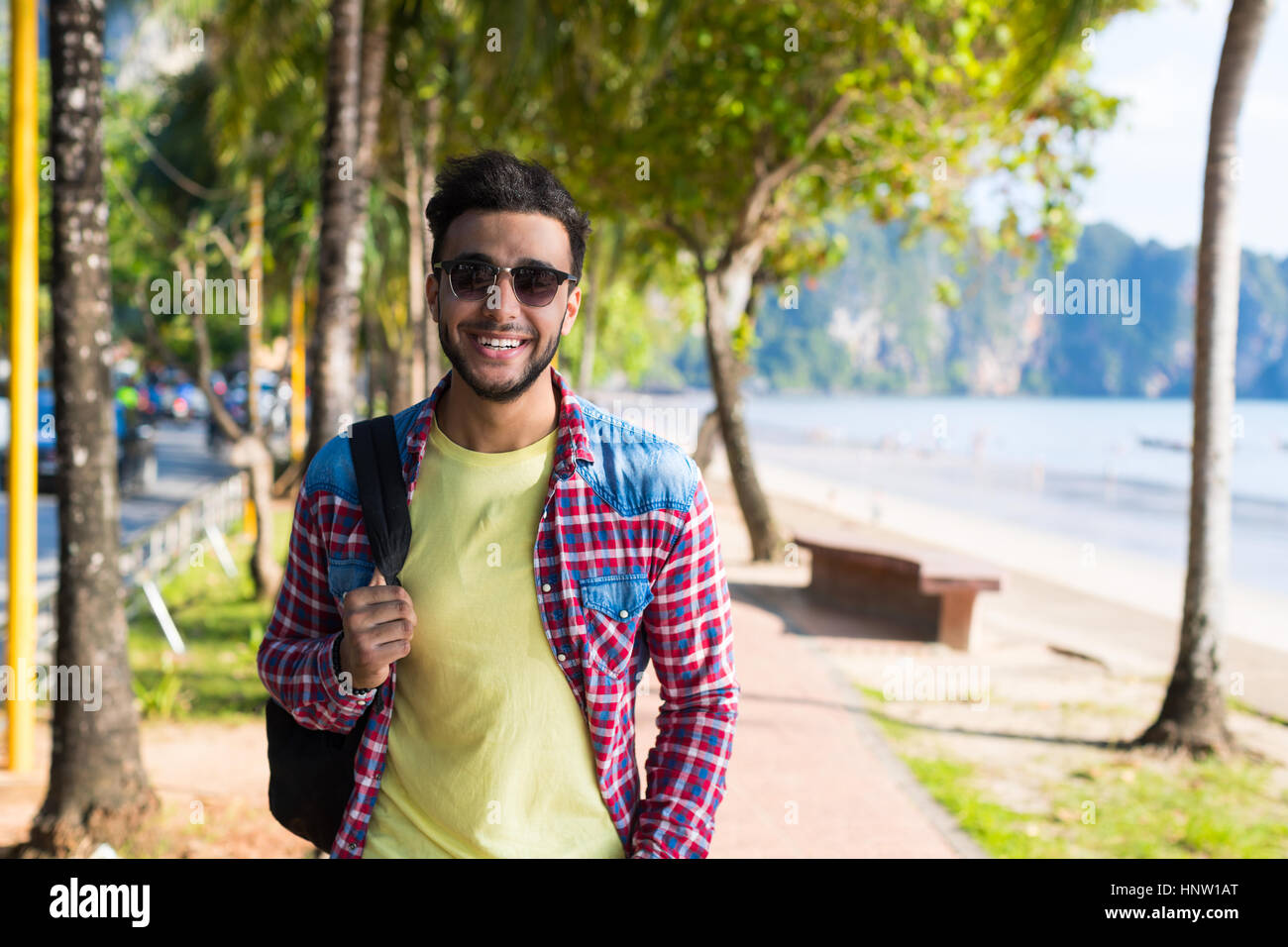 Young Hispanic Man Walking Tropical Beach Sea Holiday Guy Happy Smiling