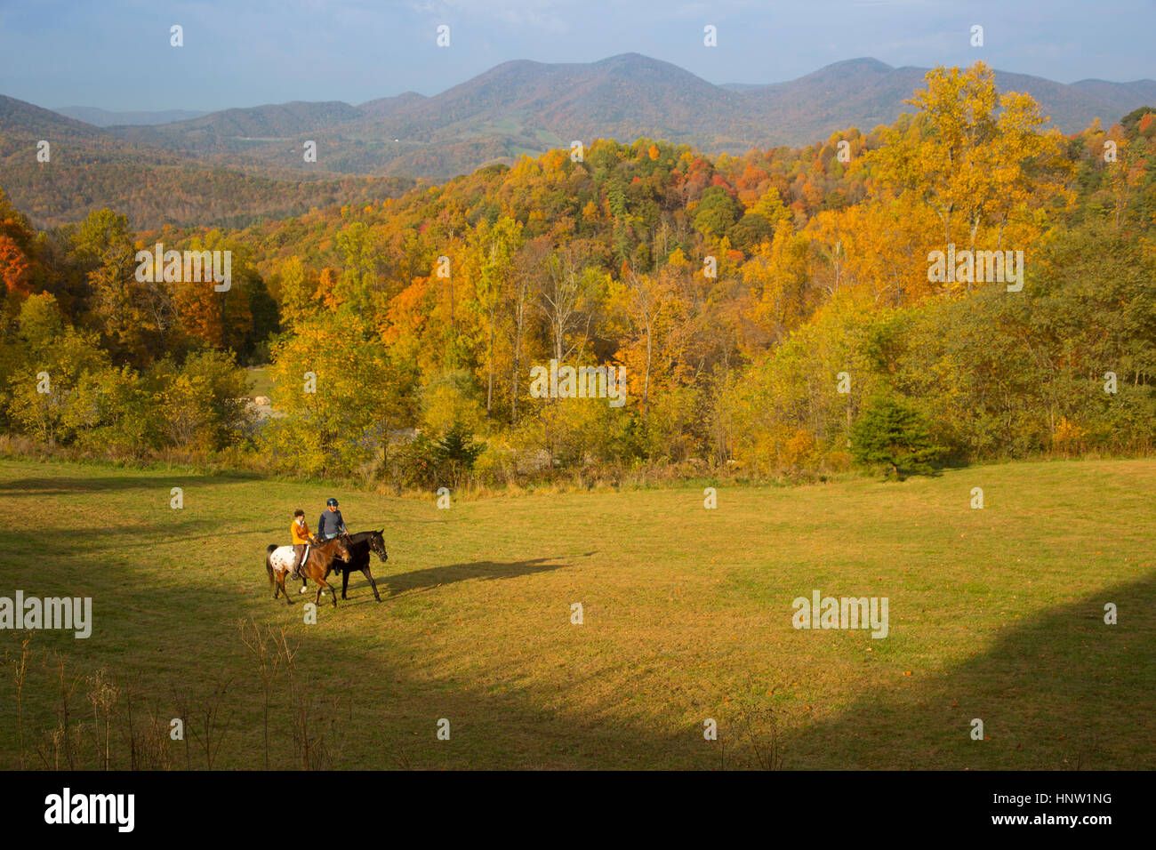 Distant Caucasian couple horseback riding in field Stock Photo