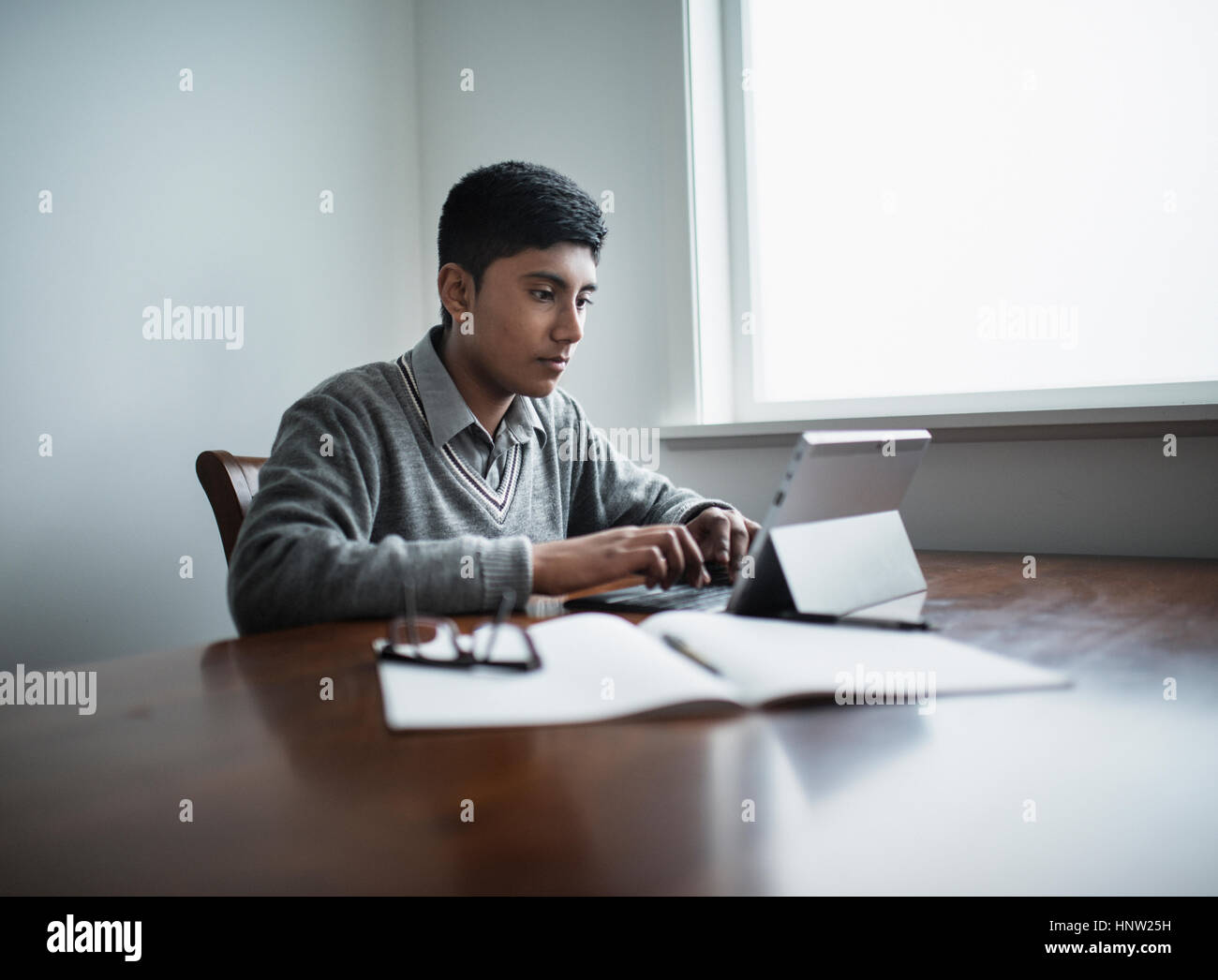 Fiji Indian boy using digital tablet Stock Photo