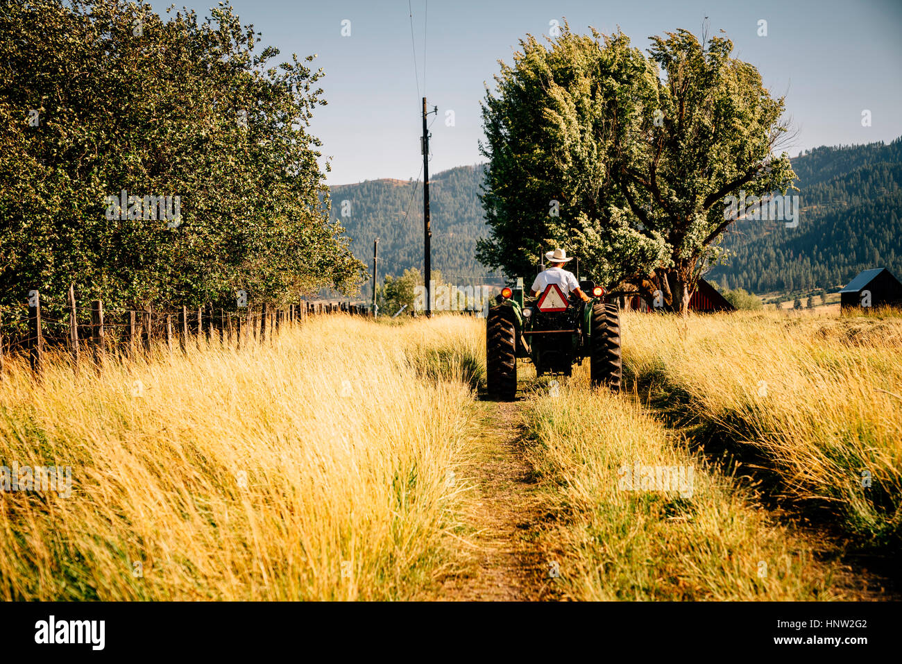 Caucasian farmer riding tractor Stock Photo