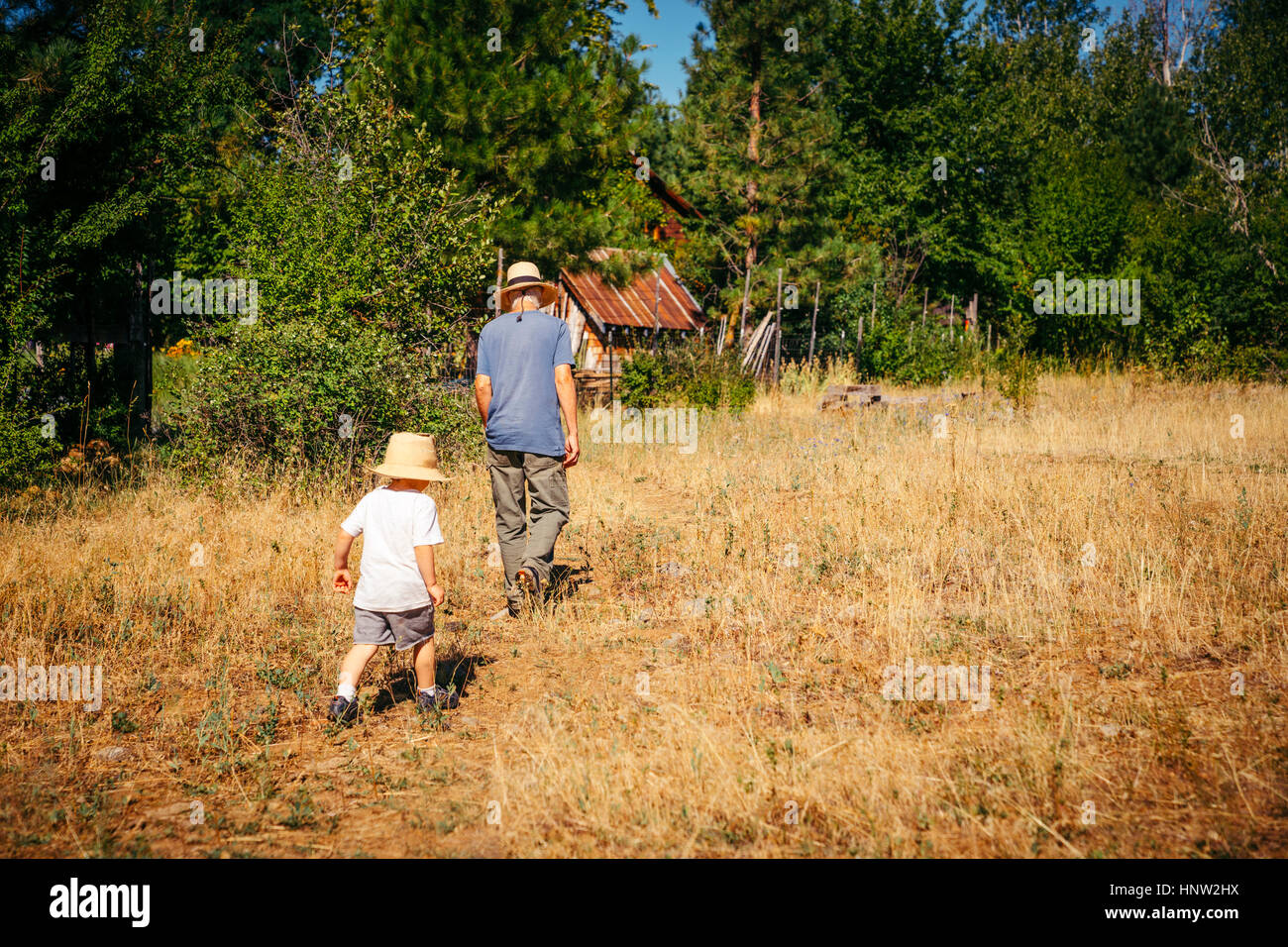 Caucasian grandfather and grandson walking in field Stock Photo