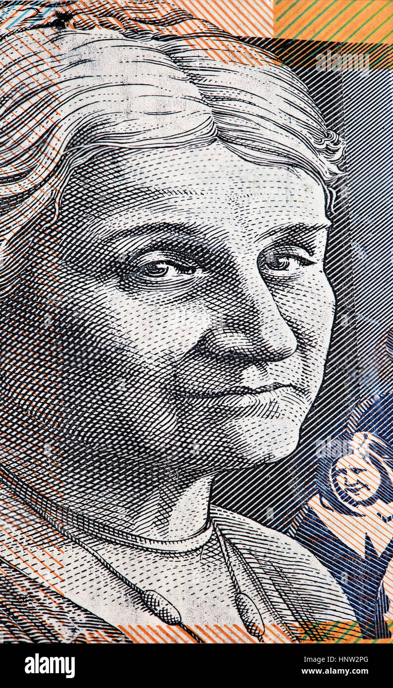 Portrait of Edith Cowan - Australian 50 dollar bill closeup Stock Photo