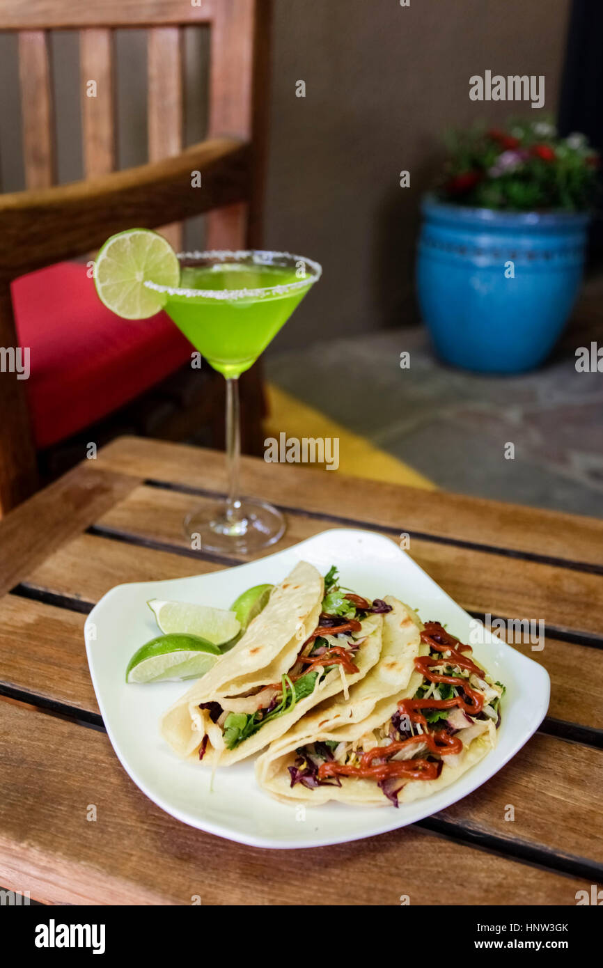 Tacos on plate with margarita Stock Photo