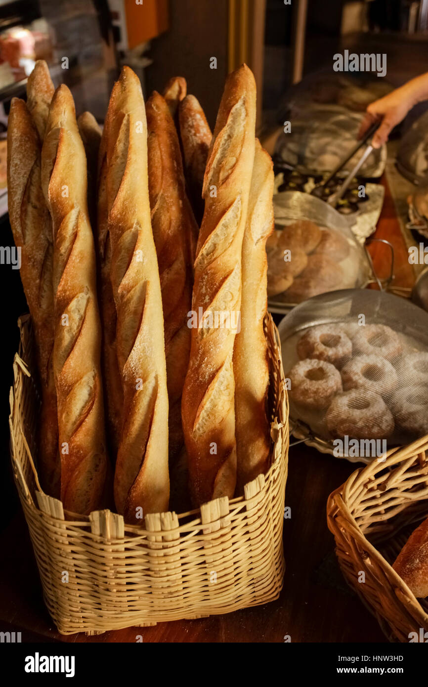 Basket of bread in bakery Stock Photo