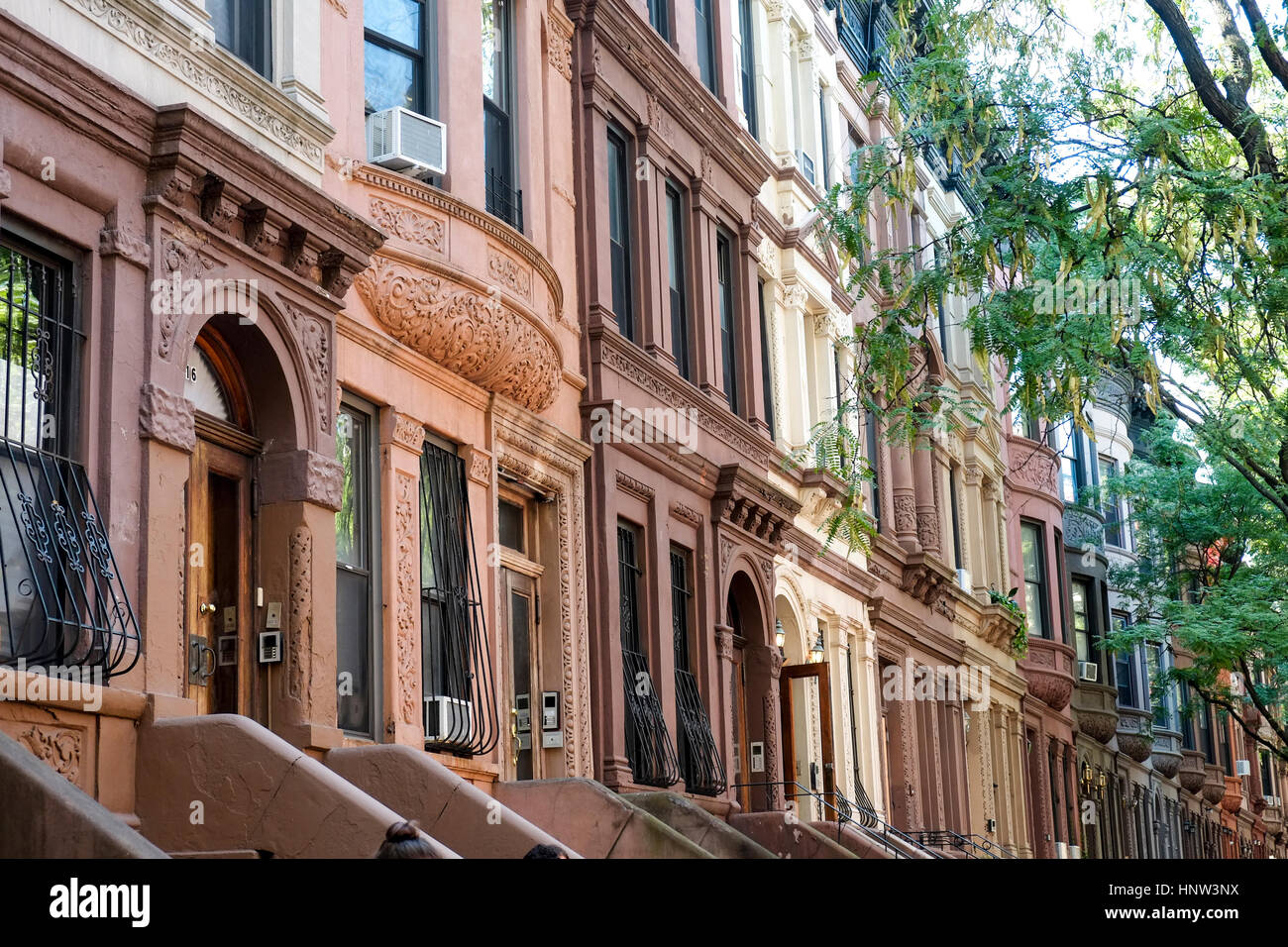 Row of brownstones in city Stock Photo