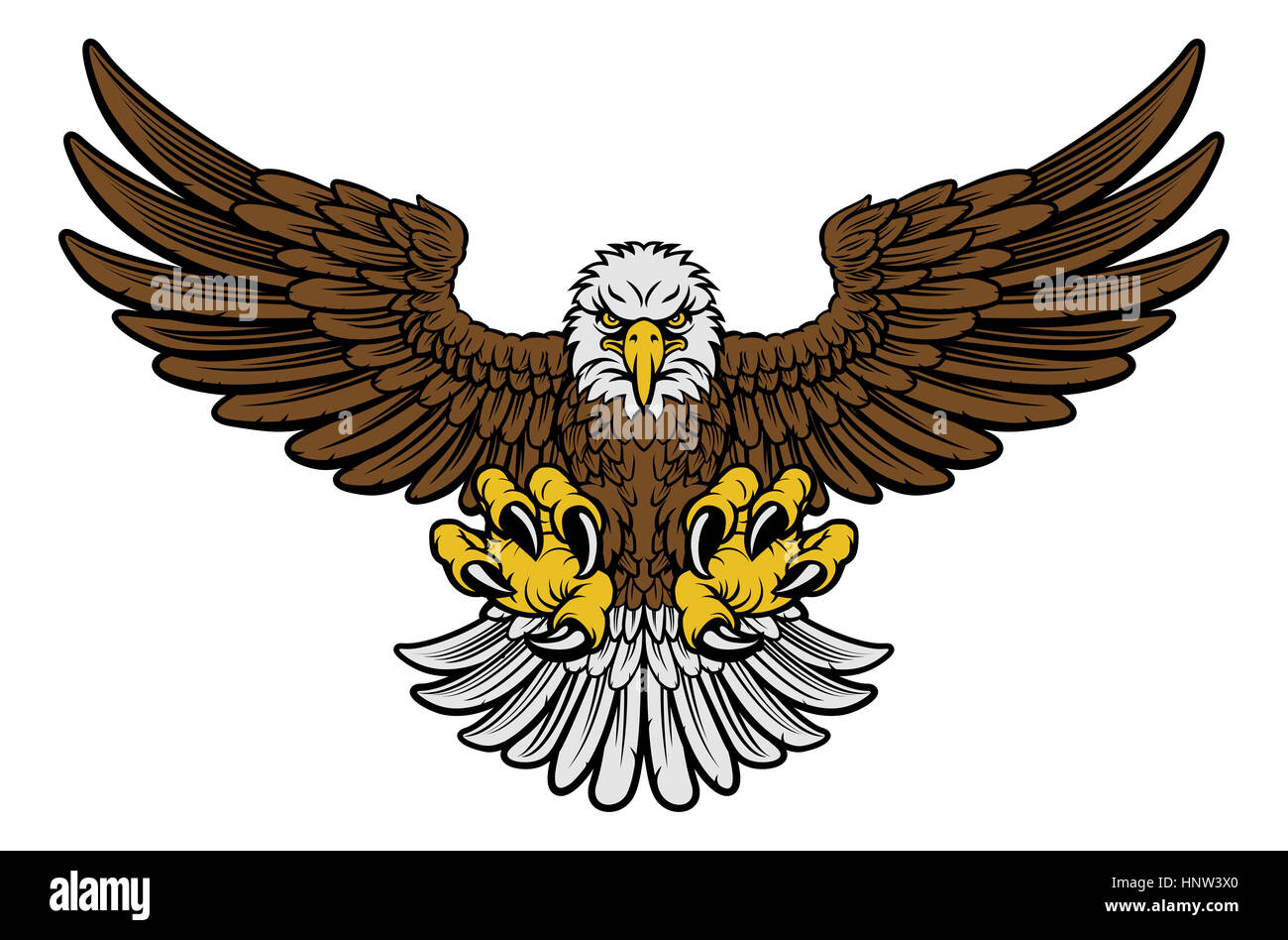 Cartoon bald American eagle mascot swooping with claws out and wings outstretched. Four color version with only brown, lightgrey, yellow and black Stock Photo