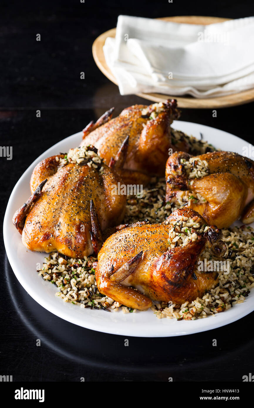 Cornish hens on plate with rice Stock Photo