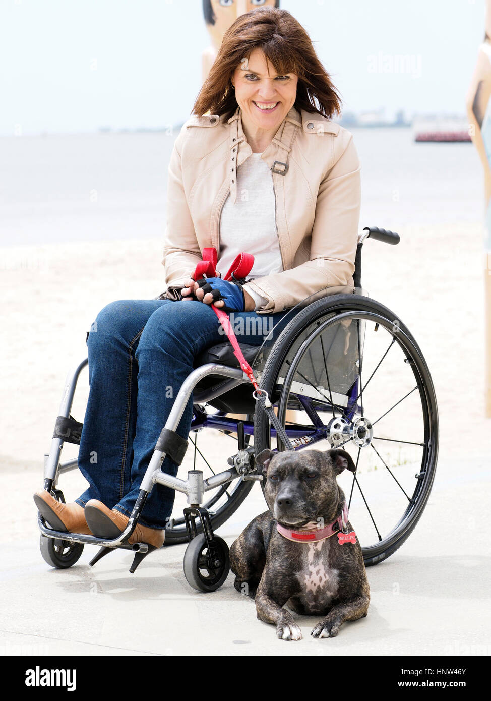 Woman sitting in wheelchair at waterfront with dog on leash Stock Photo