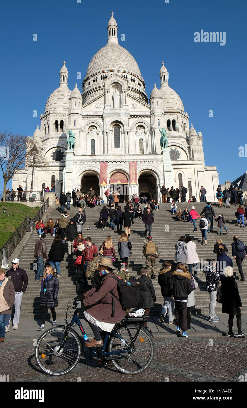 Sacre Coeur Basilica in Montmartre; The Basilica of the Sacred Heart of Paris; Basilique du Sacré-Coeur de Montmartre Stock Photo