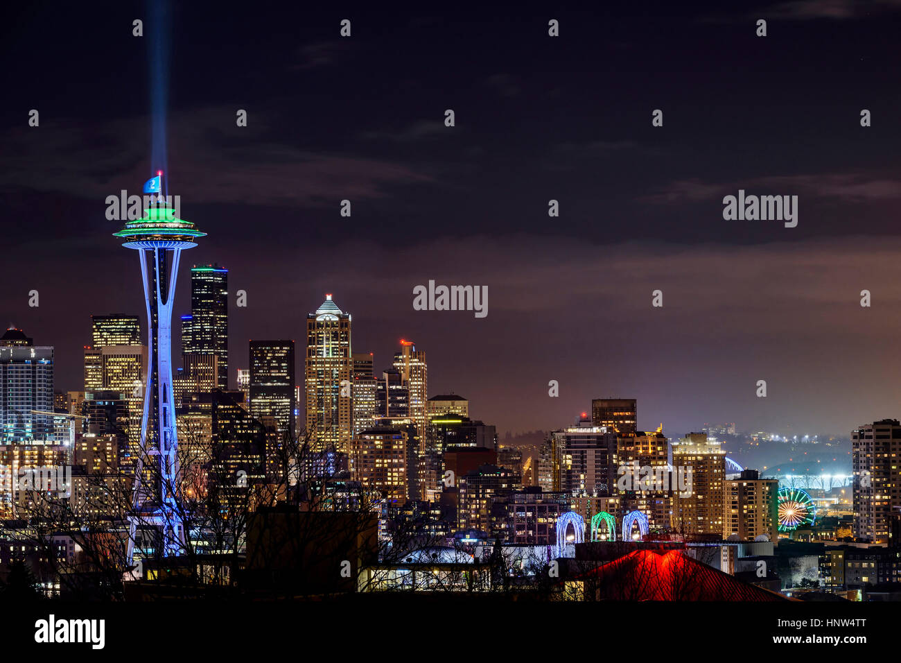 Illuminated cityscape, Seattle, Washington, United States Stock Photo