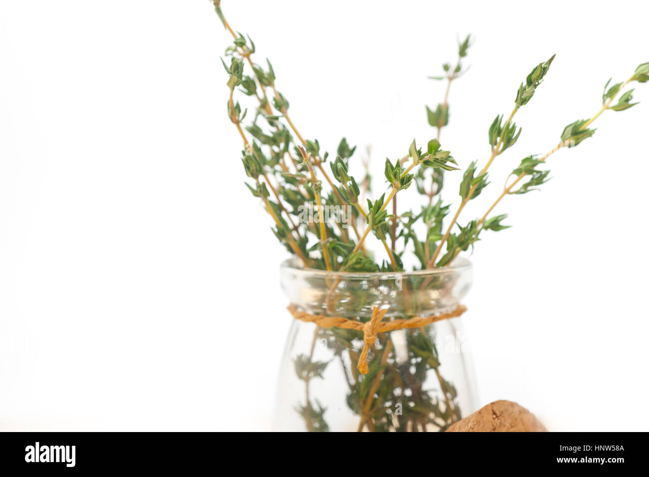 fresh thyme on a glass jar over a white wood rustic table Stock Photo