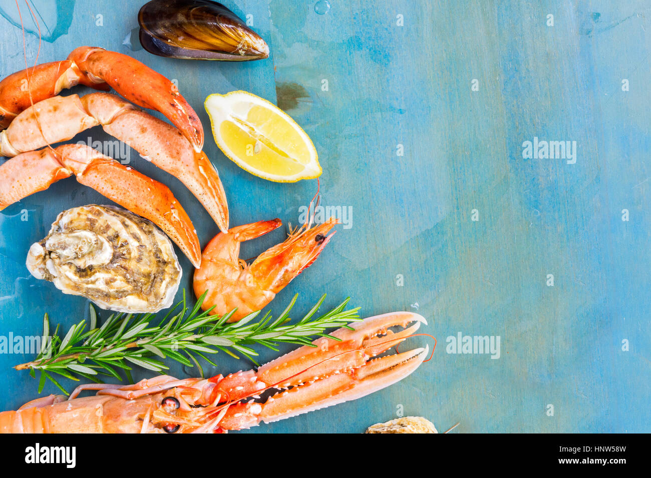 Fresh seafood on blue background Stock Photo