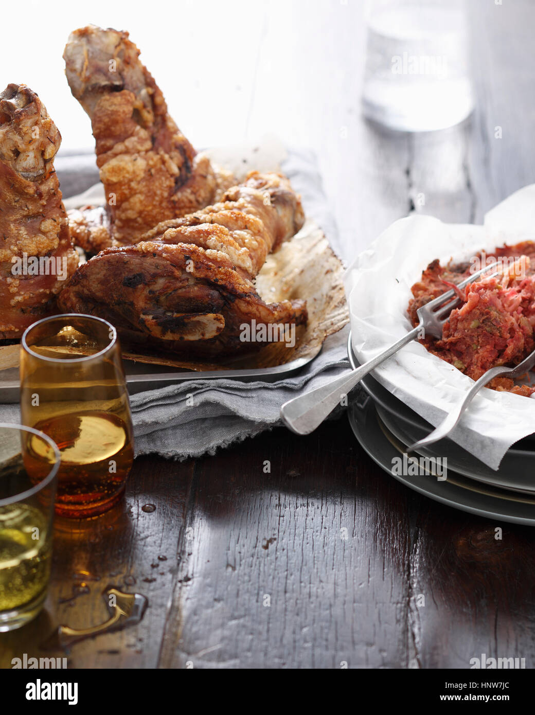 Roast pork hock on restaurant table Stock Photo