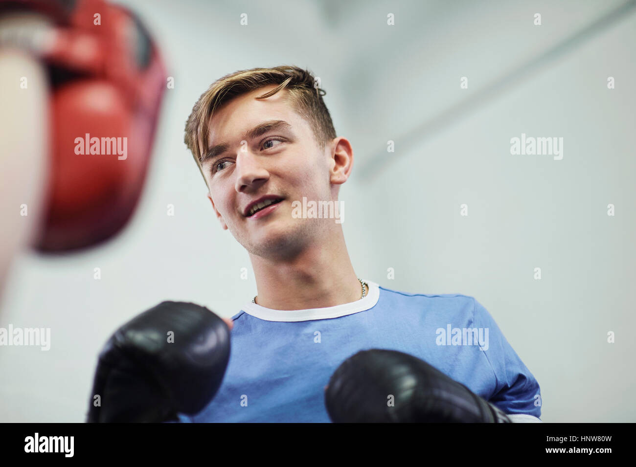 Young male boxer poised to box punch mitt Stock Photo