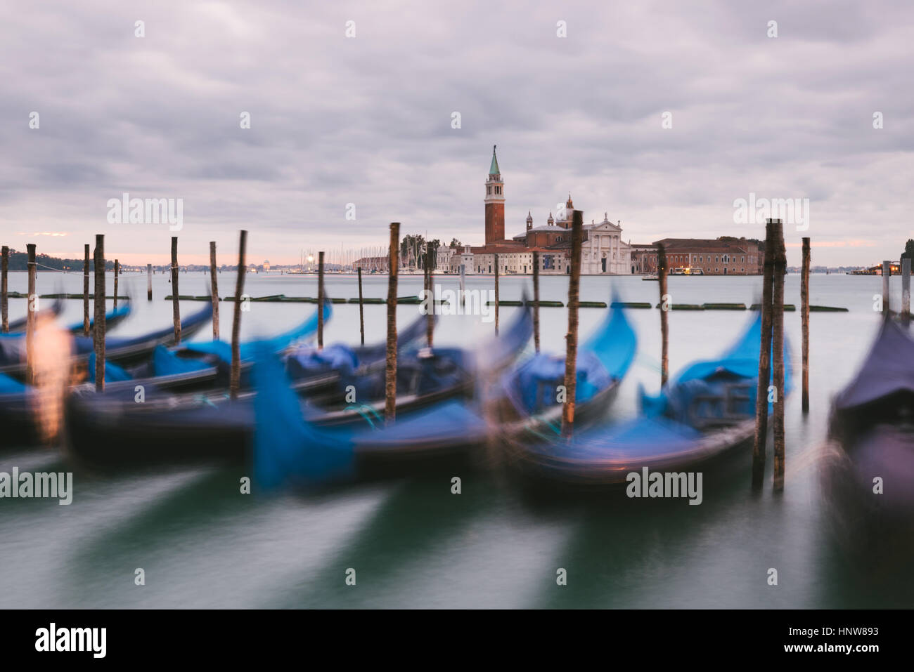 Gondolas in Grand Canal, San Giorgio Maggiore Island in background, Venice, Italy Stock Photo