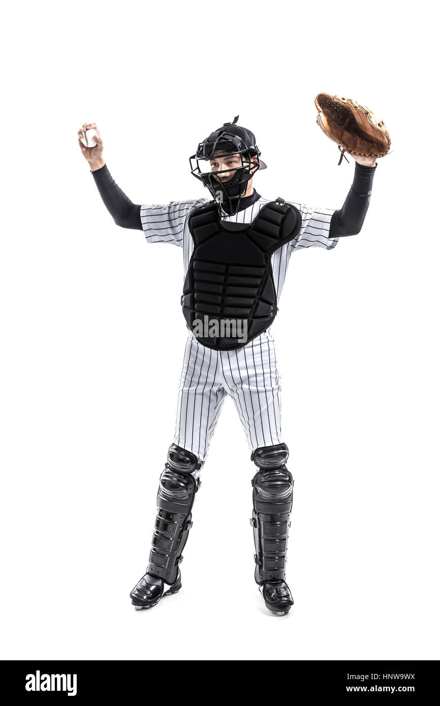 Baseball catcher standing raising hands Stock Photo Alamy